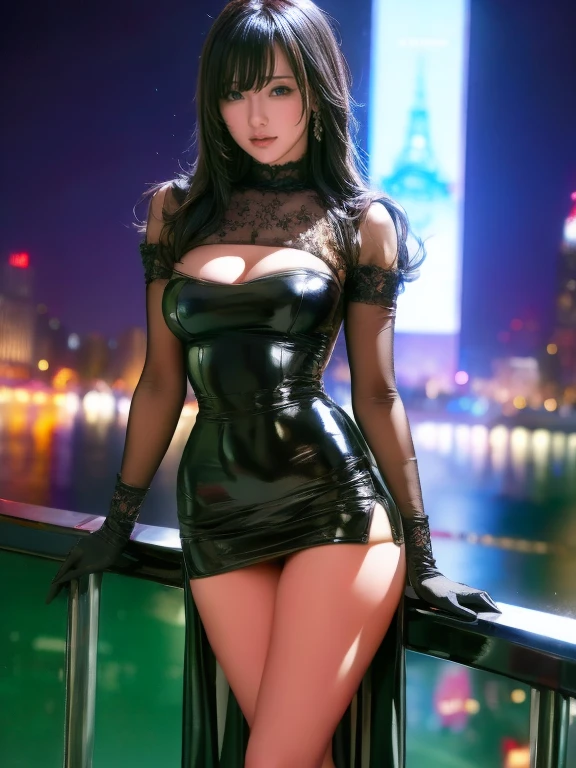 ((Midnight, Premium, 8K, Masterpiece: 1.3)), Full body, Long legs, Focal length: 1.1, (Perfect Body Beauty: 1.4), Slim Abs: 1.1, ((Dark Brown Hair, Big Breasts: 1.2 )), (Tights: 1.1, Lace Pleated Skirt: 1.1), ((City View, Roof: 1.3)), Highly detailed face and skin texture, Detailed eyes, Double eyelids