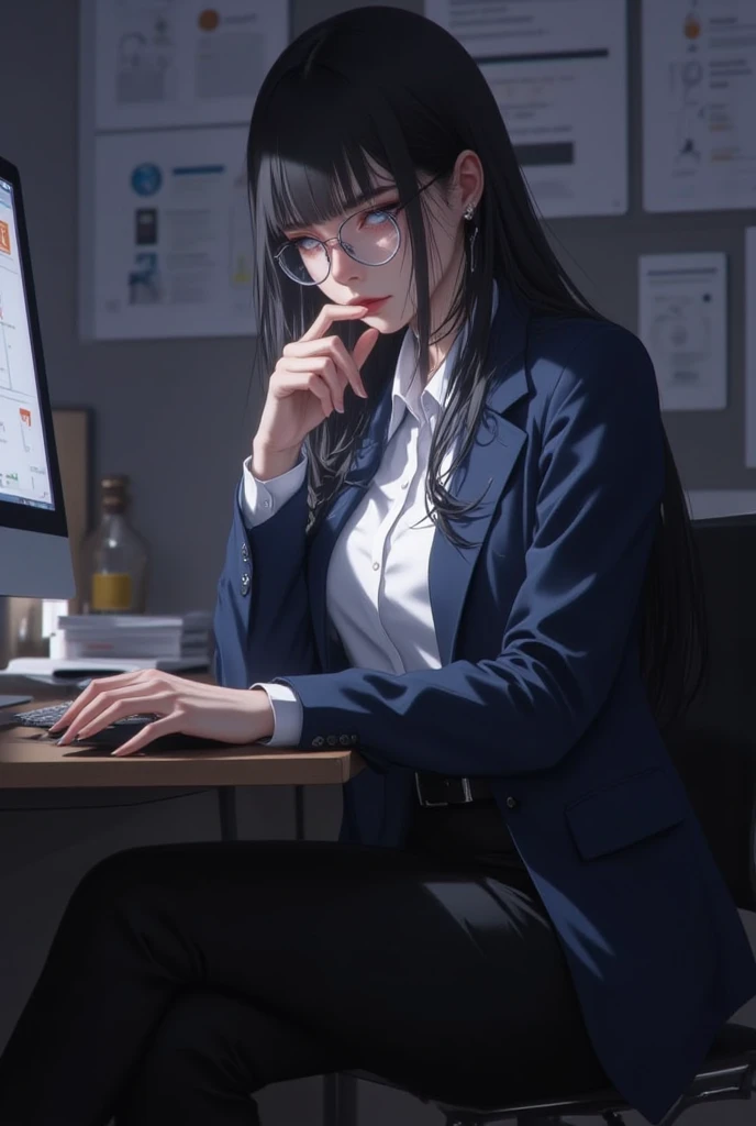 female business charácter with a fase mask, hoodie and sunglasses, she is anime styled looking. She is sitting behind his work desk in his room at night. She is front facing to the camera and centered room style is minimalist.8k resolution.