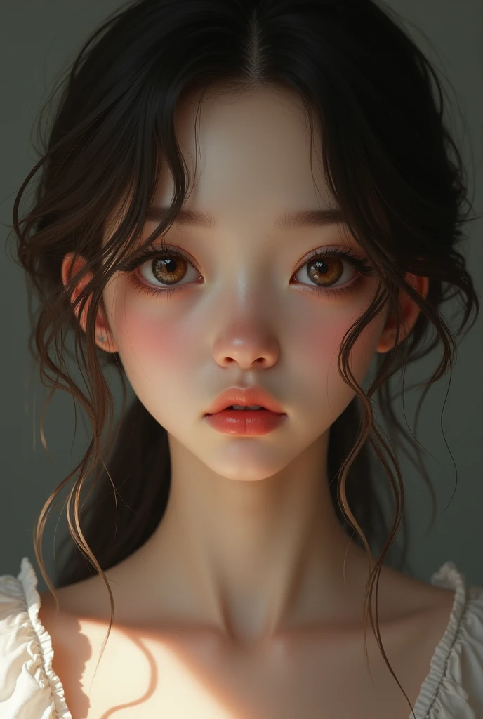 Draw a 10-year-old girl with white skin, brown and yellow eyes, full lips and a defined jaw with feminine touches and a round face.