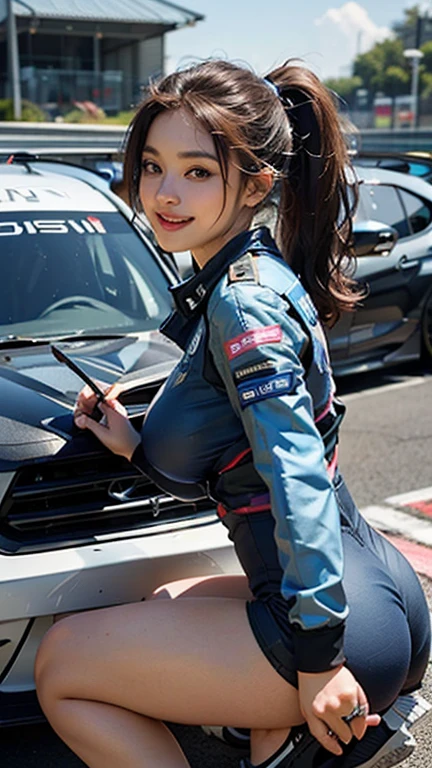High resolution 8K、( highest quality), Super detailed, (masterpiece), realistic,  Highly detailed cute girl,( 25 years old), (from whole body to toes:1.2)、(from the side撃った:1.2)、(sitting on the hood of a car)、(lace queen)、(sexy pose）,(big breasts)、(big ass)、(smile at the camera)、( smile while looking at the camera ),(full body shot:1.2) ,(from the side:1.2),(ponytail)、(photorealistic:1.3)、(Sponsored and wearing grid girl costume&#39;logo is printed.:1.3), (Ultra-thin string) , (sitting in a motorsport race),   (Tamiya)、(SoftBank)、(look at me and smile)、
