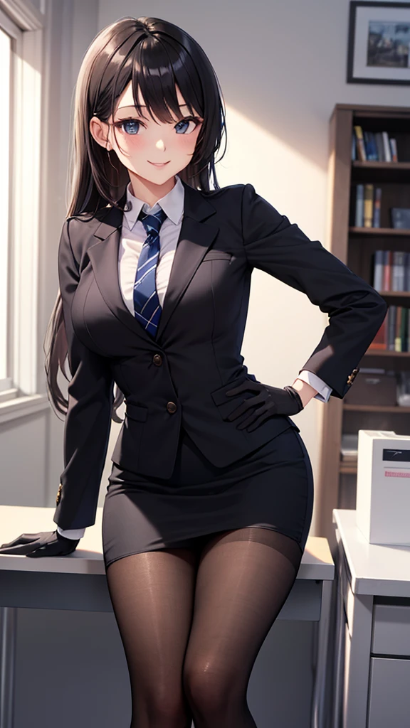 Anime, cute woman, tall, large chested, arms crossed over chest, 20 years of age, school uniform, brown hair, shot taken from below, in a classroom, sexual expression, tight clothing