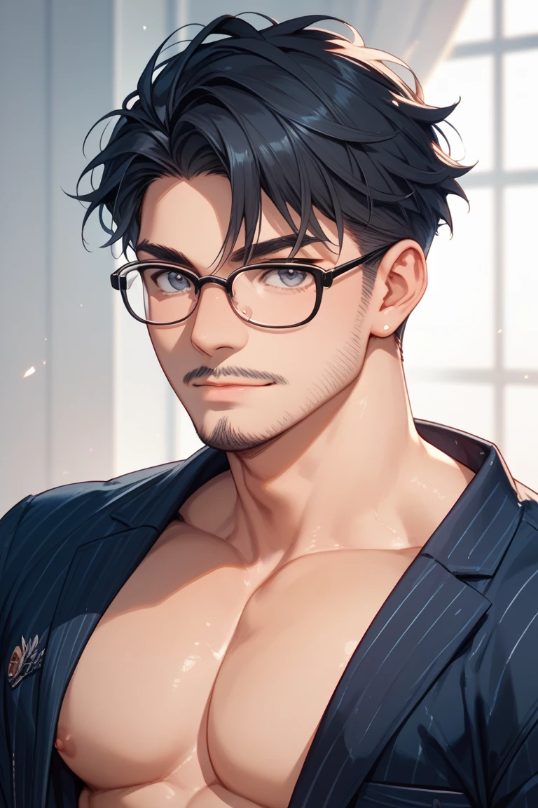 masterpiece, best quality, realistic, 1man, male focus, tall muscular, handsome, [thin eyebrows:0.5], serious, shirtless, portrait, extremely detailed face, black hair, (short hair), shirtless, six packs, full body, Japanese, round glasses, relax