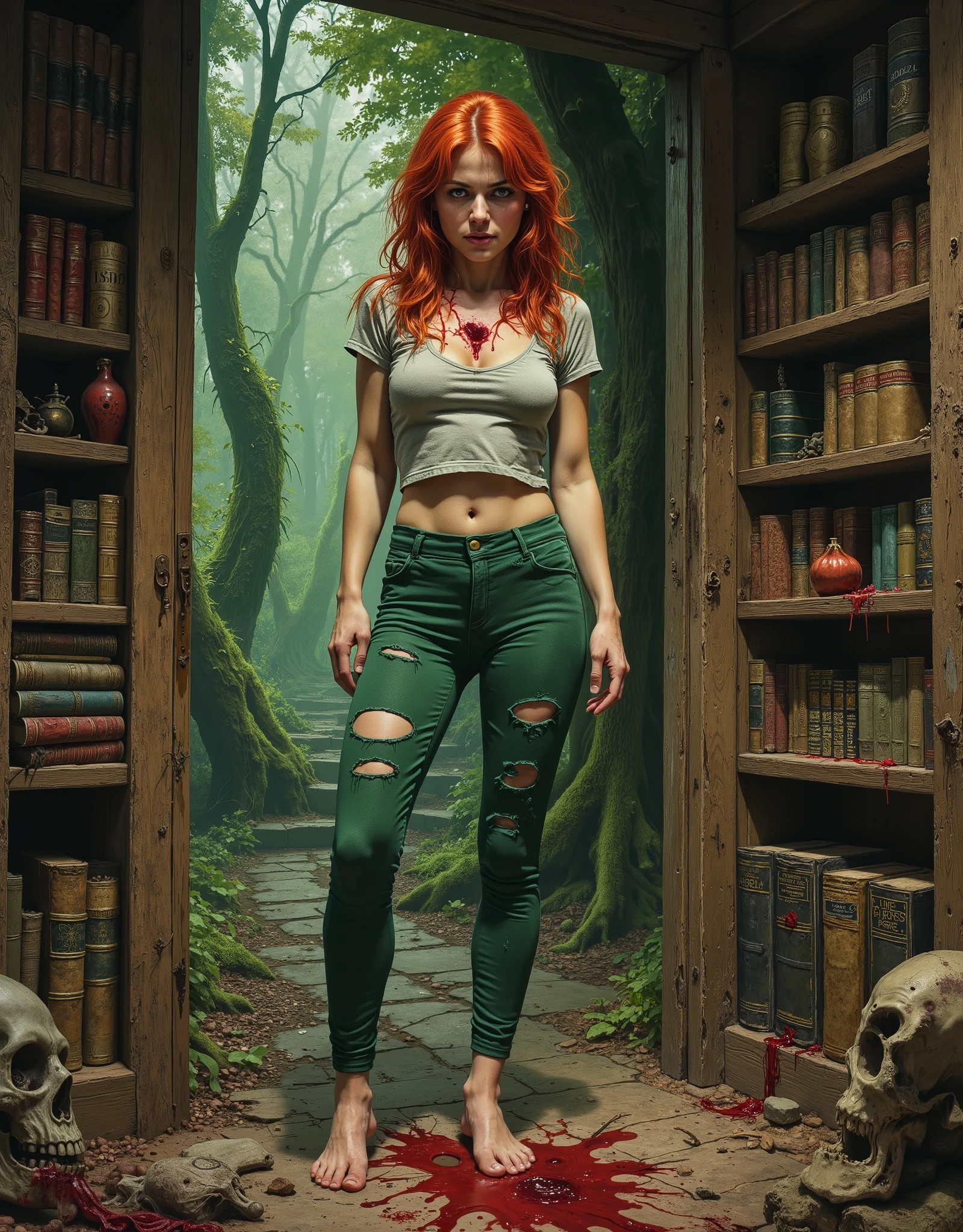 Irish St. Patrick's Day girl, in green yoga pants, torn and ripped, red hair and a bit dangerous looking, in an old room in a cottage in a misty forest, occult books, lurid vivid colors, retro 60s sci-fi horror movie aesthetic, bloody, gory, scary, movie poster vibe, bold colors, detailed, erotic, NSFW, lurid and vivid colors, detailed, intricate, gouache paints, European fumetto style, Frazetta, Mort Künstler, Basil Gogos, Graham "Ghastly" Ingels, volumetric lighting, classic horror comic aesthetic, pages are worn, some rips, arcane aesthetic, witchcraft, death and dark despair vibe