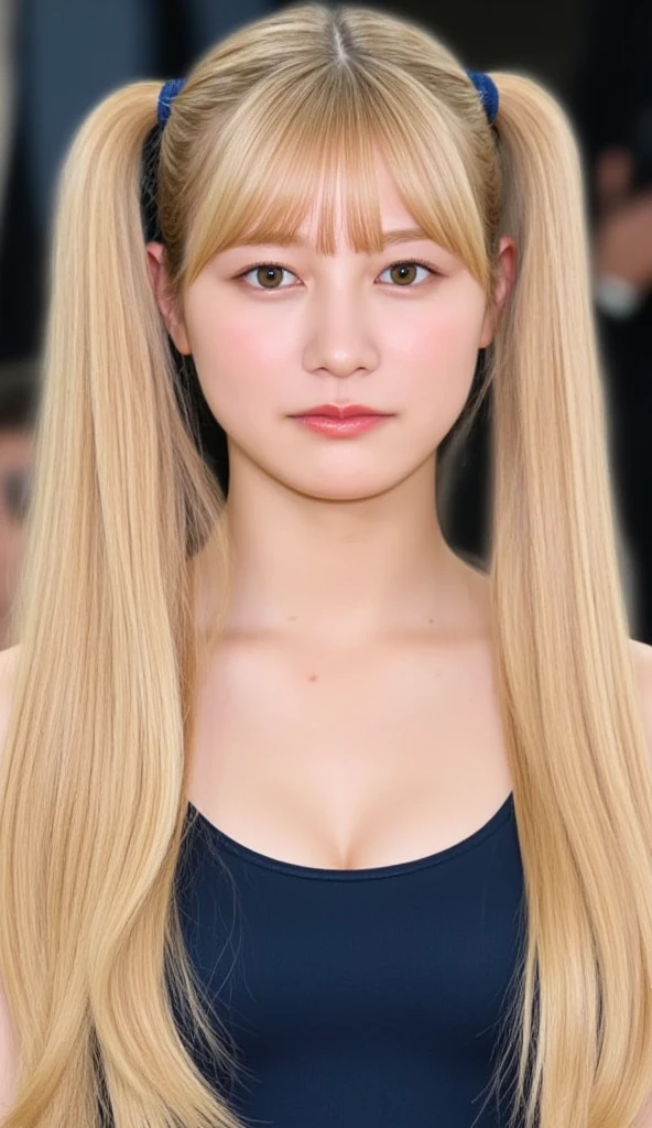 blonde araffe woman in a black dress standing next to a man, Award-winning SNL sketch, She has blond hair, CL, Alexa Grace, with long blonde hair, Amy Sol style, she is wearing a black tank top, the hime cut, Ariana Grande, Ariana Grande in star wars, she is in front of the camera, kpop idol face, kpop idol face, Asian face