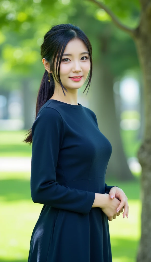 a gorgeous lady, Black Korean Style Short Sleeve Slim Fitting Retro Casual Longdress, natural pose, night sky, dimpled smile, short ponytail, photorealistic, beautiful detailed eyes, hyper-realism, high contrast, ultra HD, realistic skin textures, top image quality, top-quality, super high resolution, fine details, very meticulously, bokeh background