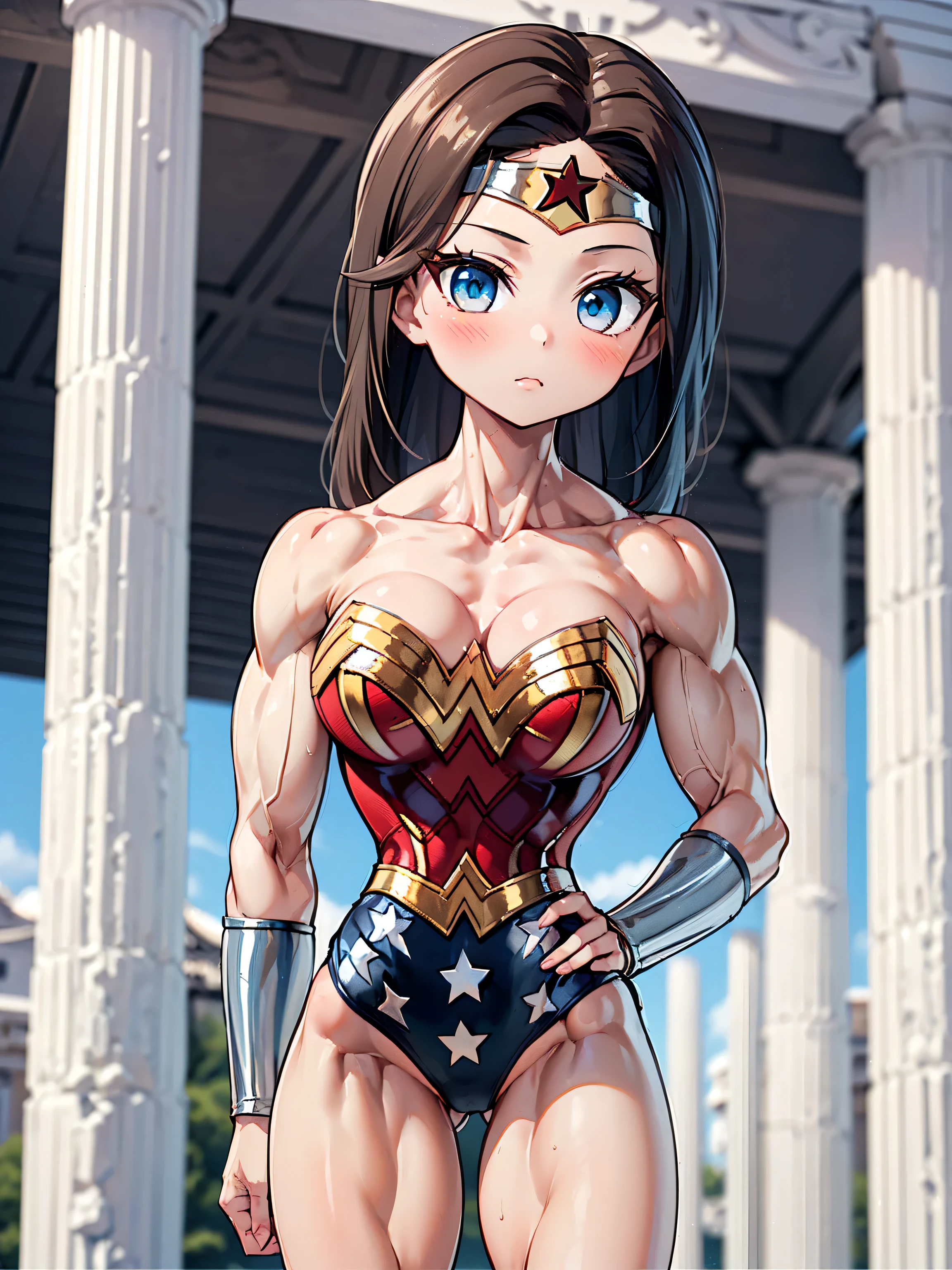 (one asian cute girl:1.5), (muscular:1.6), (thick thighs:1.5), (long straight hair:1.5), (narrow waist:2.0), (upper body view), (perfectly round huge breasts, cleavage:1.0), (wonder woman:1.3), (body suit:1.4), detailed eyes, (oversize biceps:1.5), rim lighting, (posing in a greece temple:1.3), sad, two tone lighting, dimly lit, clean skin, low key (DETAILED SKIN)