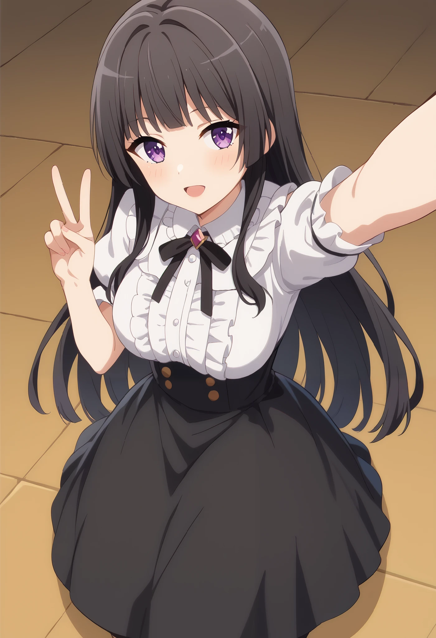 score_9, score_8_up, score_7_up, source_anime,mogudan,masterpiece,best quality, good figure and proportion, good anatomy,amazing quality,very aesthetic,1girl,alone,perfect hands,,Rinkoshirokane,,black hair,very long hair,black ribbon,black skirt,blunt bangs,long skirt,white shirt, frilled shirt collar,frilled sleeves,frills,high-waist skirt,hime cut,neck ribbon,purple eyes, large breast,  anime screencap, yaranaika, selfie, arm up, finger detail, Two fingers, pose peace, Nails detail, foreshortening, looking at viewer, outstretched arm, reaching, reaching towards viewer, full body,