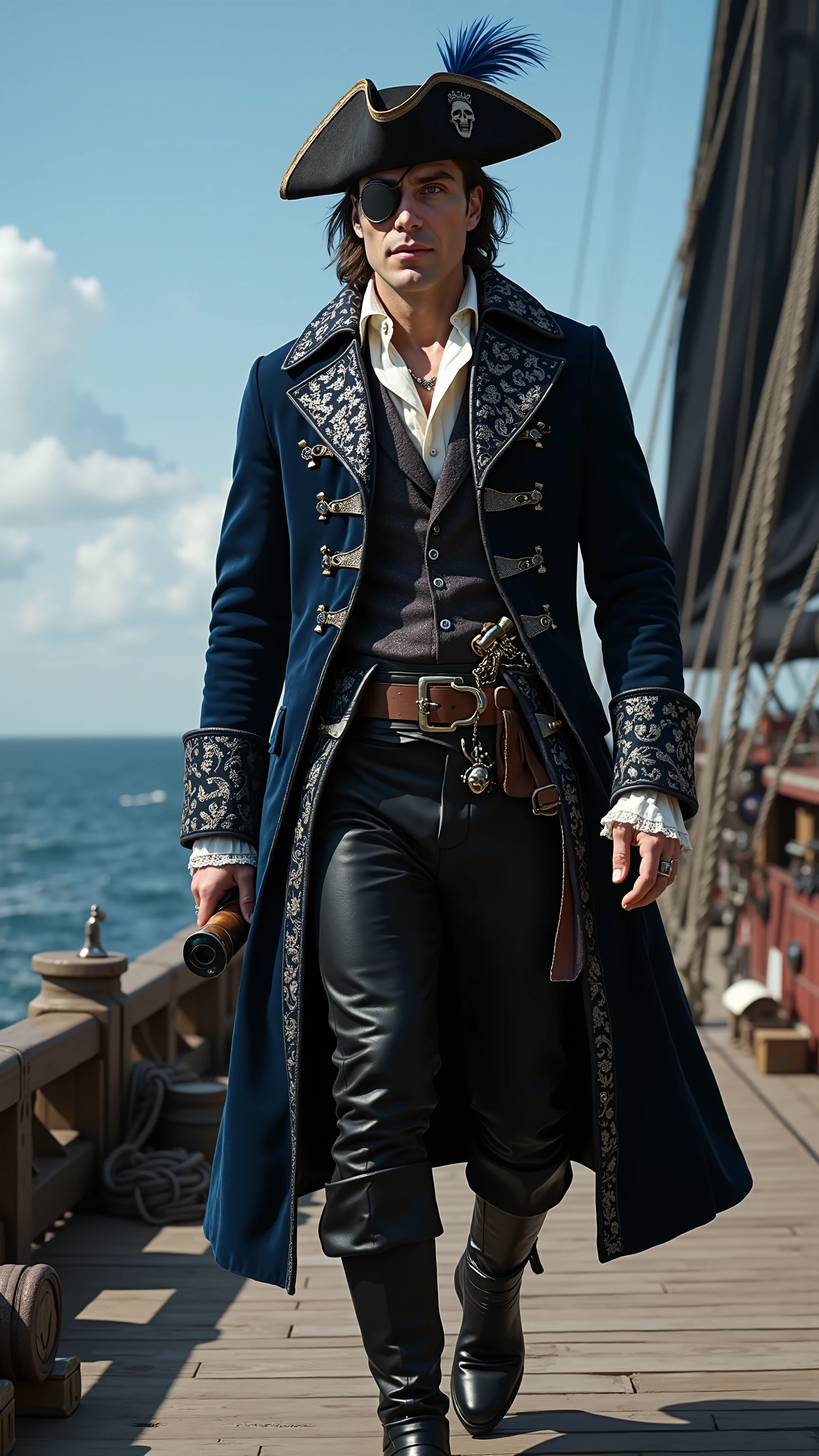 Cillian Murphy reimagined as a pirate walking and holding a wooden spyglass、dramatic atmosphere, 1 male、
Medium-length, slicked-back dark brown hair, piercing ice-blue eyeи. A black silk eye patch covers his left eye, secured with a thin leather strap. A wide-brimmed black tricorn hat, adorned with silver embroidery and a deep blue feather, rests atop his head.
He wears an ultra-luxurious pirate captain’s coat of deep midnight-blue velvet, lined with silver silk and embroidered with elaborate swirling patterns. The high collar and wide cuffs are adorned with polished silver buttons and delicate filigree. Beneath the coat, he wears a dark brocade vest over a crisp white linen shirt with lace-trimmed cuffs. A wide black leather belt with a silver skull-shaped buckle secures the coat at his waist, with a second belt crossing his chest, holding a flintlock pistol. His fitted black leather trousers, detailed with silver stitching, are tucked into knee-high boots made of dark, polished leather. The boots feature thick folded cuffs, silver buckles, and intricate engravings along the edges.
In his hand, he holds a wooden spyglass. His fingers are adorned with rings featuring sapphires, emeralds, and black diamonds. A fine silver chain with a rare black pearl hangs from his neck.
,shows his male character's full figure, athletic body, perfect face, full body, extremely beautiful, god, male shape, perfect anatomy, The background features a vast open sea, with a massive pirate ship cutting through the waves. The black sails, emblazoned with a silver skull emblem, billow in the wind. The wooden deck is littered with barrels, crates of plundered treasure, and coiled ropes. Blue sky, sunny day, photorealistic, masterpiece, realistic, high contrast, 8k, HD, high definition detailed, detailed, hyper detailed, realistic skin texture, best quality, ultra high resolution, hyper realistic, no text, very detailed eyes, dramatic lighting