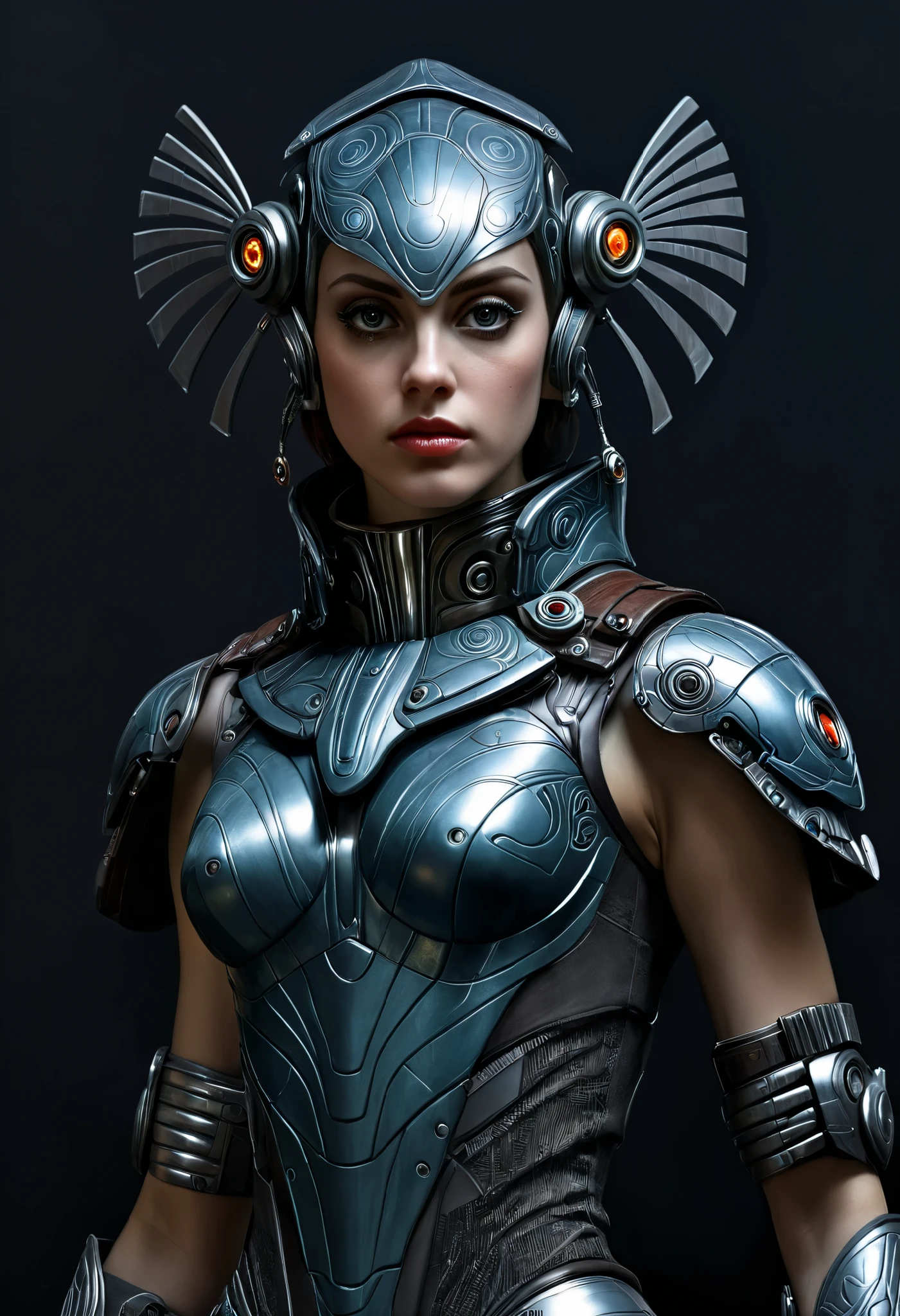 Beautiful biopunk cyborg, full-length portrait, sexy, Perfect face, pale skin, complicated painting with fine lines, 8 thousand, Ultra Detail, trending on ArtStation, sharp focus, hyperrealistic illustration, big eyes, chest very detailed, chiaroscuro, caravaggio, complicated details, chest very detailed, Realistic photo, Cinematic Art, movie image, captured in the style of the Sony Alpha A7 III camera