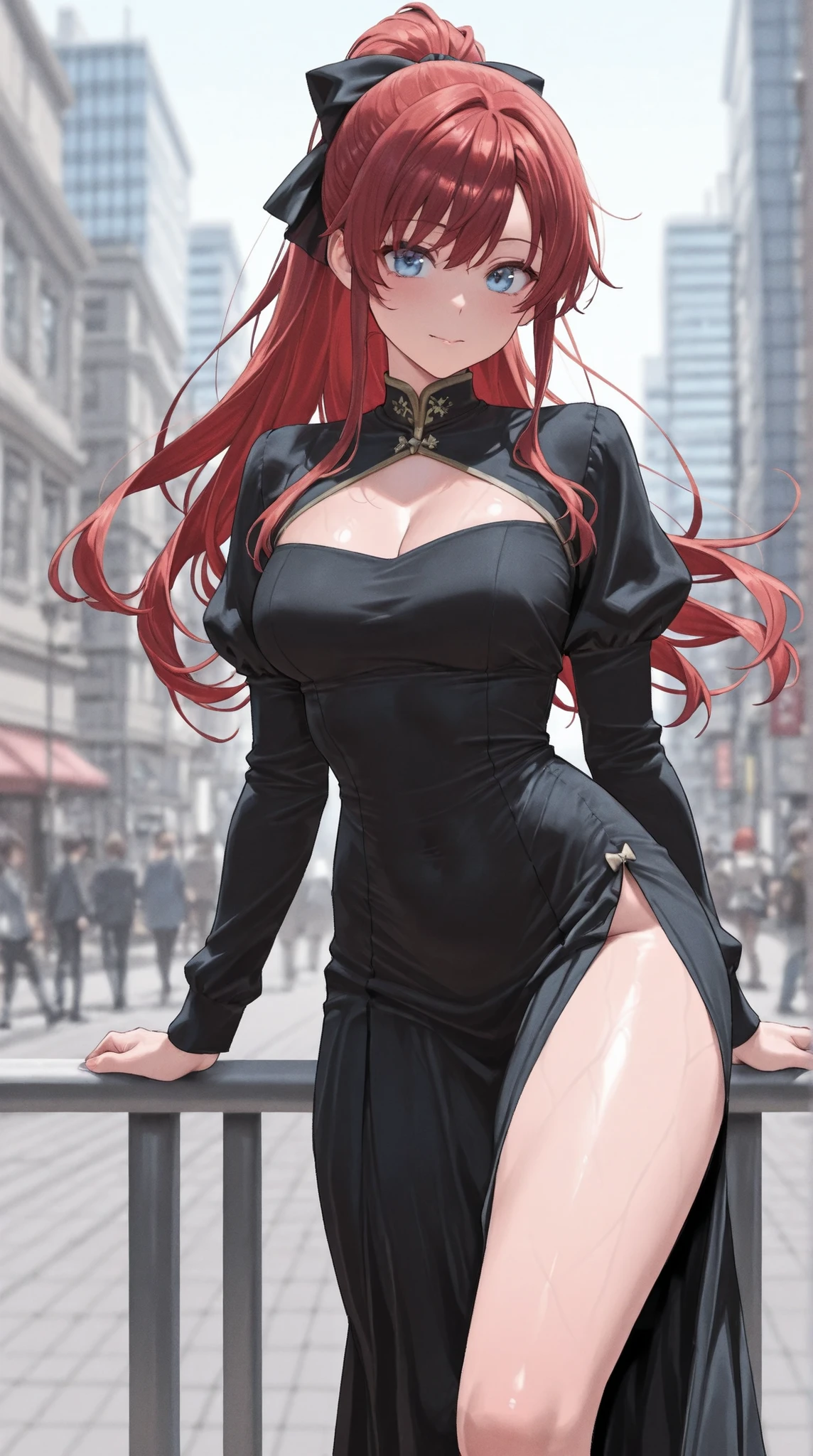 cowboy shot, straight-on, serious,  <lora:pride_royal_V2:0.95> pride royal Ä±v, purple eyes, red hair, swept bangs, long hair, red dress, red coat, <lora:CuteSexyRobutts [MockAi - v1.0]:1> csr, painterly style, vibrant colors, sketchy lineart,, absurdres, ultra detailed, masterpiece, best quality, aesthetic, detailed,
