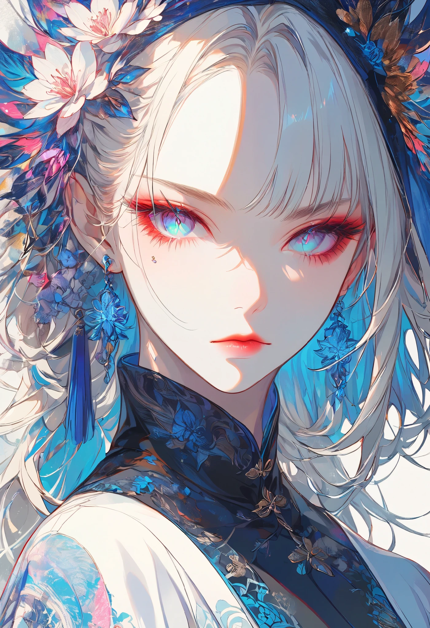 Official Art, wallpaper, very well detailed, (((very well detailedな目と顔))), masterpiece, top quality, Realistic Portraits, (ZenTangle, Mandala, Tangle, EnTangle), Complicated clothes, very well detailed, dynamic angle, most beautiful form of chaos, elegant, bright colors, romantic cherry blossom,masterpiece, Best Quality, Midea, very cute, 2023, Year 2024 ,1 girl, Alone, Portrait, ((flat color)), ((white background)), DETAILS EYES, Warm colors, dynamic pose,  Living in the moment , chensela, vector, black flat color outfit, Decorative flowers, discreet makeup, (( facial details )),