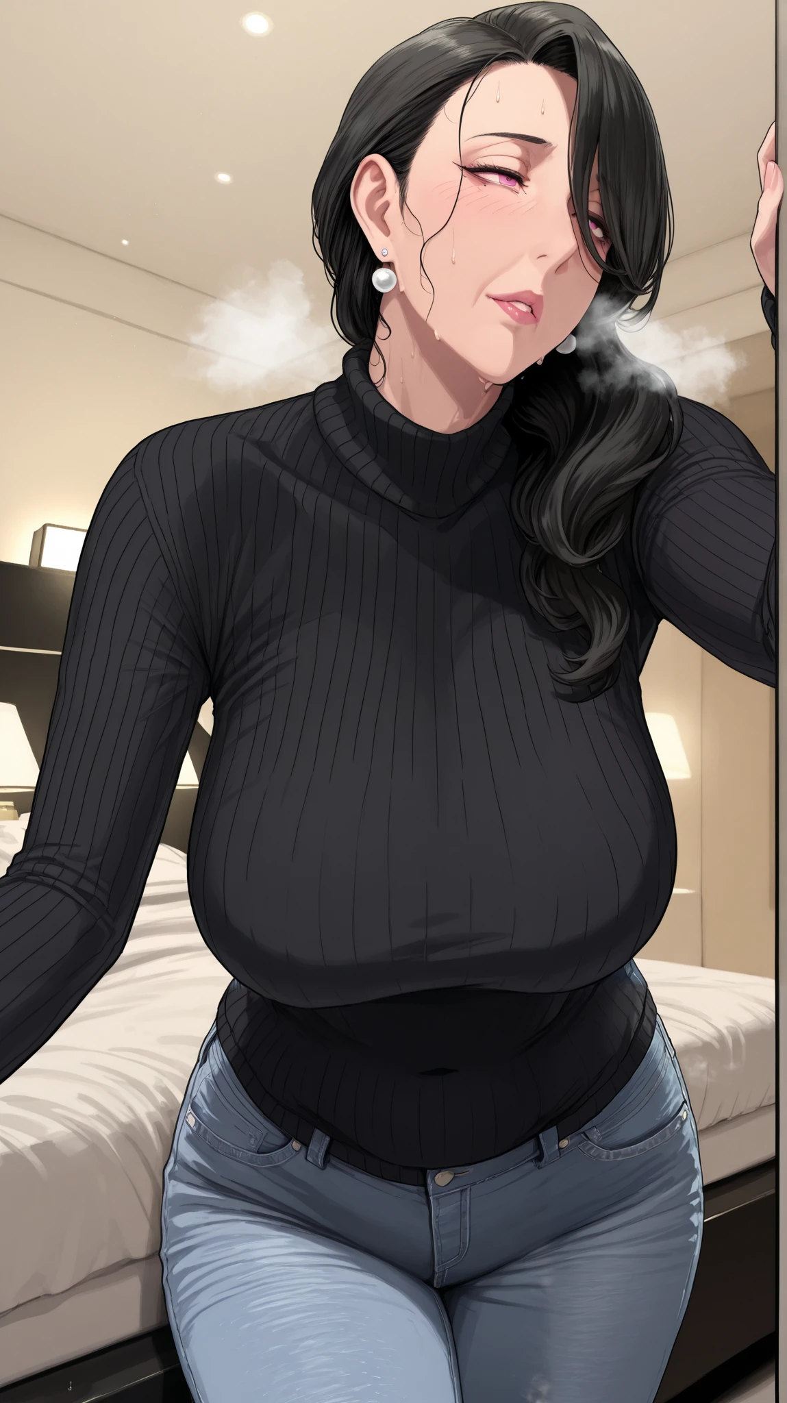 4K, masterpiece, top quality, ( Detailed face and eyes_1.4), Detailed skin, cowboy shot , Detailed , A girl, 2, mature body, big , alone, black hair, Pink eyes , Mall Under Left Eye , hair covering the eyes over the doorscope, black sweater, jeans、((steam,sweat)), On a love hotel bed、 Obsidian Earrings Hanging Over Love Hotel Bed 、Lying down, milf, mature, , Alone