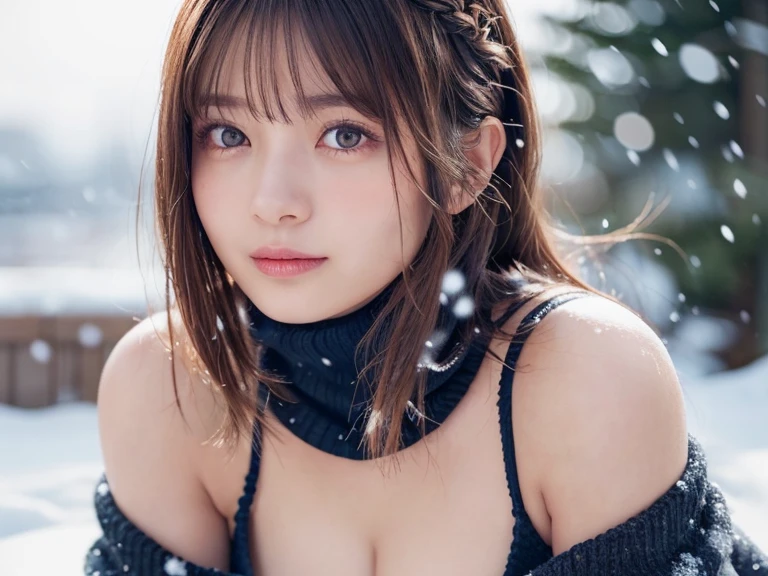 (Ultra Realistic), (Illustration), (High Resolution), (Best quality, 8K), (Best Illustration), (Beautiful Detailed Eyes), (Best Quality), (Ultra Detailed), (Masterpiece), (Wallpaper), (Detailed Face), Solo, (micro bikini), Japanese, (perfect body), (slim), (large perky tits, cleavage), (bangs, long hair in ponytail), (whole body visible), (back facing), (long legs), (winter background, outdoors, scenery, snow and lake)