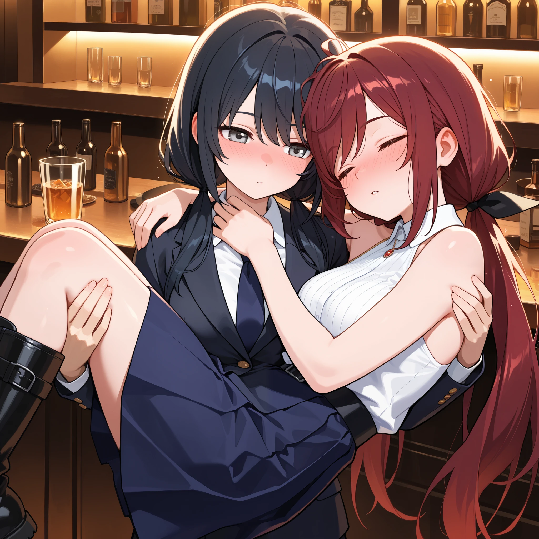 (masterpiece:1.2, Best Quality), (finely detailed beautiful eye: 1.2), (beautiful detailed face), (masterpiece:1.2, Best Quality), (finely detailed beautiful eye: 1.2), (beautiful detailed face),drunk, 2girls, carrying, princess carry, sleeping, character: long low twin tails, gray eyes, messy hair, dark red hair, long swept bangs, sleeveless halter neck white collared shirt, dark blue necktie, dark blue skirt,hair ribbons, character: black hair, long hair, black combat boots, carrying, bar,