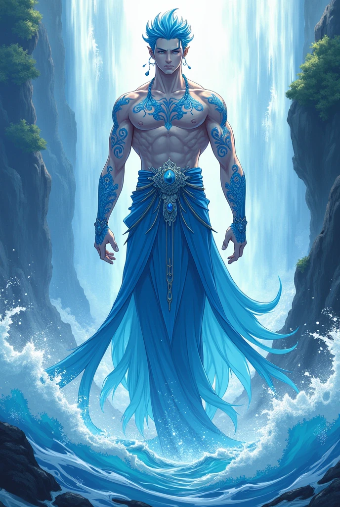 "Create a digital anime-style illustration of a handsome and muscular male sea spirit or ocean god with long, flowing blue hair. He wears a detailed blue outfit adorned with oceanic patterns like waves, shells, and coral, which covers his chest, shoulders, arms, and legs with flowing fabrics and armor. The character has a mature, powerful, and refined appearance, with a well-proportioned face, strong masculine features, and expressive eyes. The background is a mystical underwater environment featuring soft lighting, glowing aquatic plants, and gently flowing water, enhancing the ethereal and oceanic atmosphere."