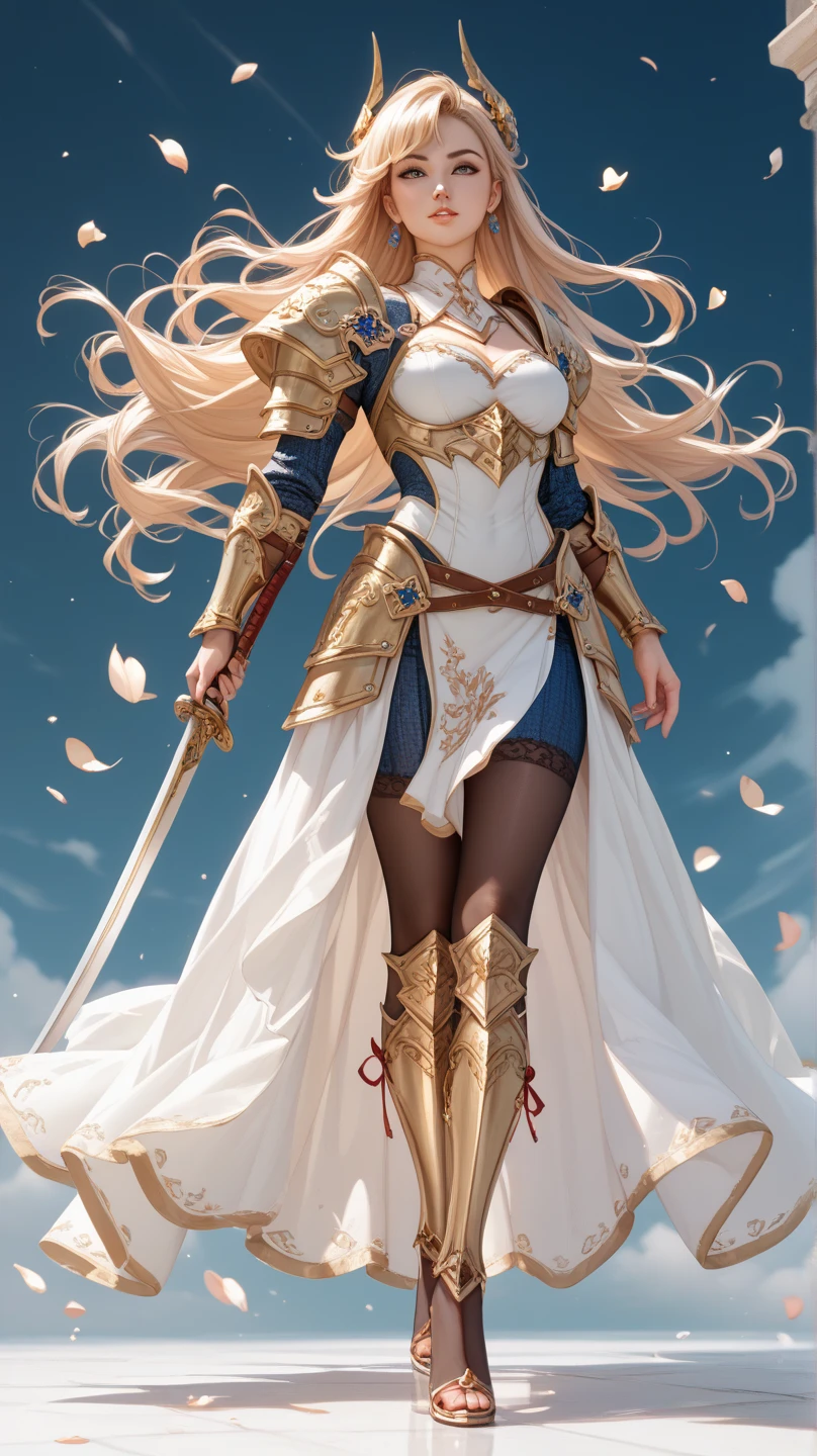 (Representative work: 1.2, best quality), realistic, (realistic, complex details, depth of field), 8k, best quality, representative work, high detail, semi realistic, 1 girl, young woman, 19 years old, golden long hair, bangs, right eye covered with hair, blue right eye, jewelry crown, palace style white and gold short skirts, golden iron boots, slim figure, sword wielding, horseback riding,