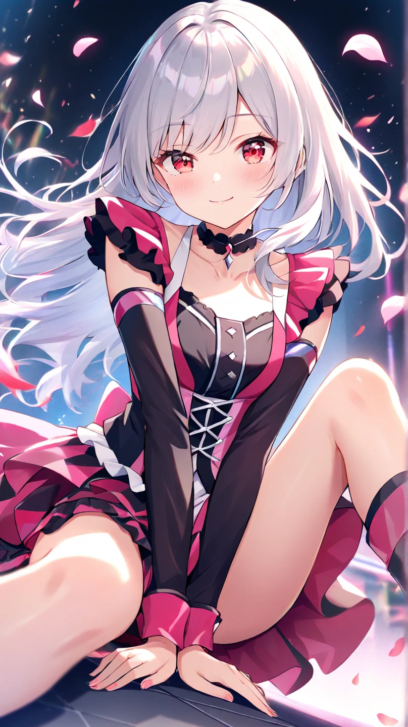 独奏,Whole body、(looking back over their shoulder), Young face、long silver Hair、long Twin tails、Spoiled brat、Immature body、(Small breasts)、smile、(Thick thighs:1.5)、red eyes、Backwards、looking at viewer、Open mouth、double teeth、fang、blushing and sticking out her cute tongue, tongue out、sensational、Back view, Character portrait, whole body、Frilly clothes、little demon's horns and a tail、Slanted eyes、big Buttocks、(wearing a Magical girl costume)、Night view、tongue out, long cute tong、sexy panties