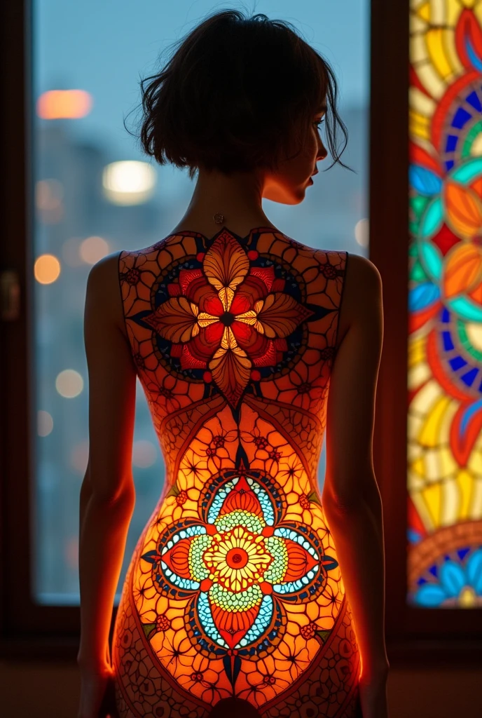 Head to Knee, Big Breasts, (masterpiece, Highest quality), 8k,(((Very detailed))), Japanese, Race:1.8,Super intricate Race pattern,colorful Race pattern,Stained glass background transparent body, Mandala,light up,cold, 1 female,Open Back,(curl,black),