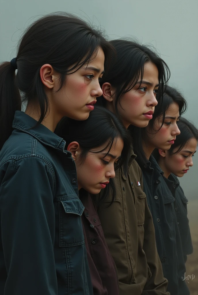 3 teenage women with big breasts, 15 years old, in different styles, at a funeral, with ugly clothes, rain, their bodies wet, sad faces, among the crowd, with flowers in their hands