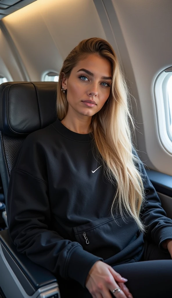 1 girl, platinum blonde hair, light pink sweatpants, light pink sweatshirt, full-length pose, Instagram, external earphones, healthy bright face, happy satisfied expression, silky hair, perfect body, blogger style, selfie on plane, plane seat background, beautiful detailed eyes, beautiful detailed lips, extremely detailed hair, natural dynamic lighting, vibrant wavy colors, daylight, (best quality, 4k, 8k, highres, masterpiece:1.2), ultra-detailed, (realistic, photorealistic, photo-realistic:1.37), HDR, UHD, studio lighting, ultra-fine painting, sharp focus, physically-based rendering, extreme detail description, professional, vivid colors, bokeh, portraits, modern, dynamic, confident