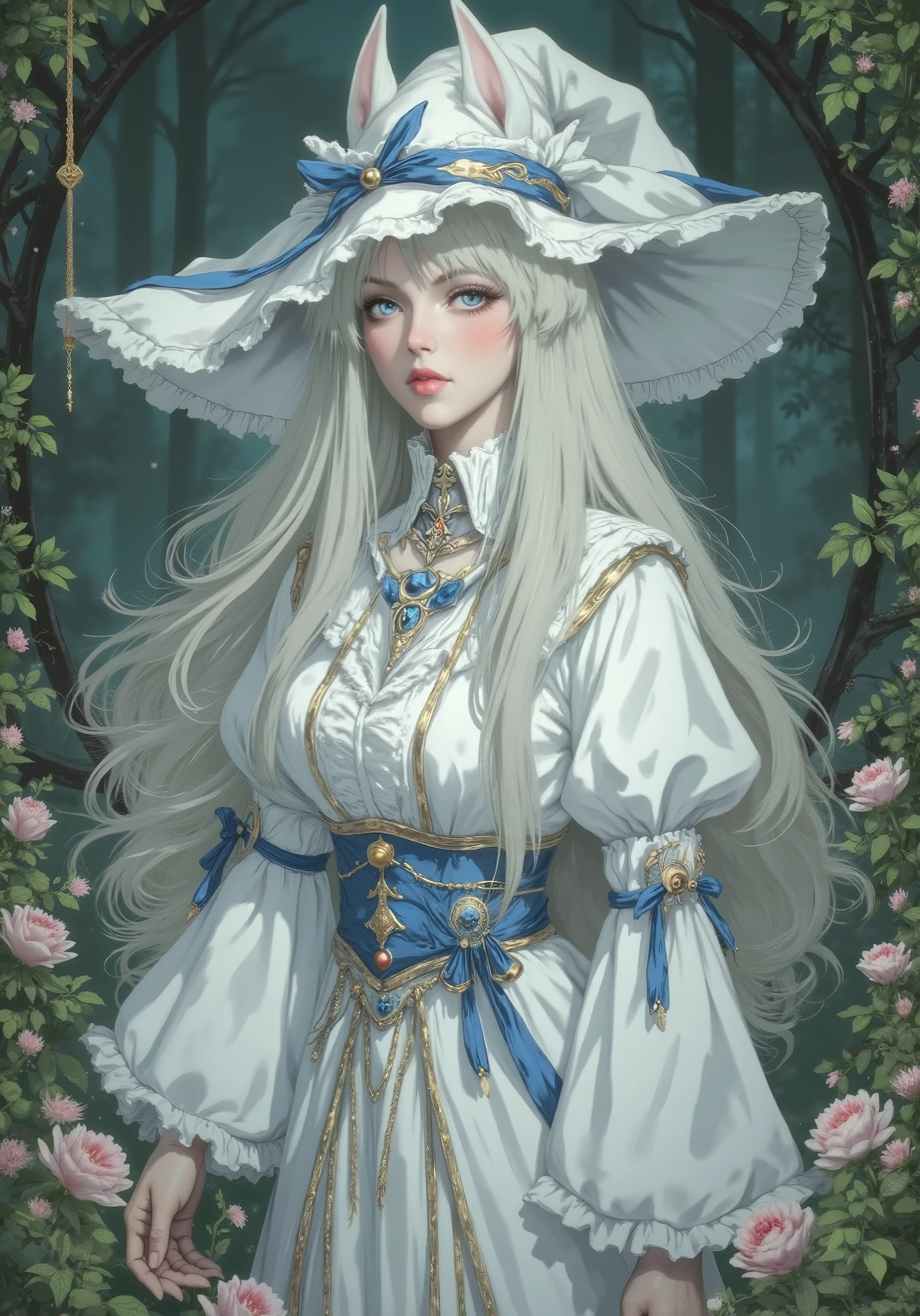 woman, fair skin, pink lips, long white hair, white wolf ears, blue eyes, wearing a white witch's hat with blue ribbon, white clothes, Full body,dressed as a medieval princess, in a garden