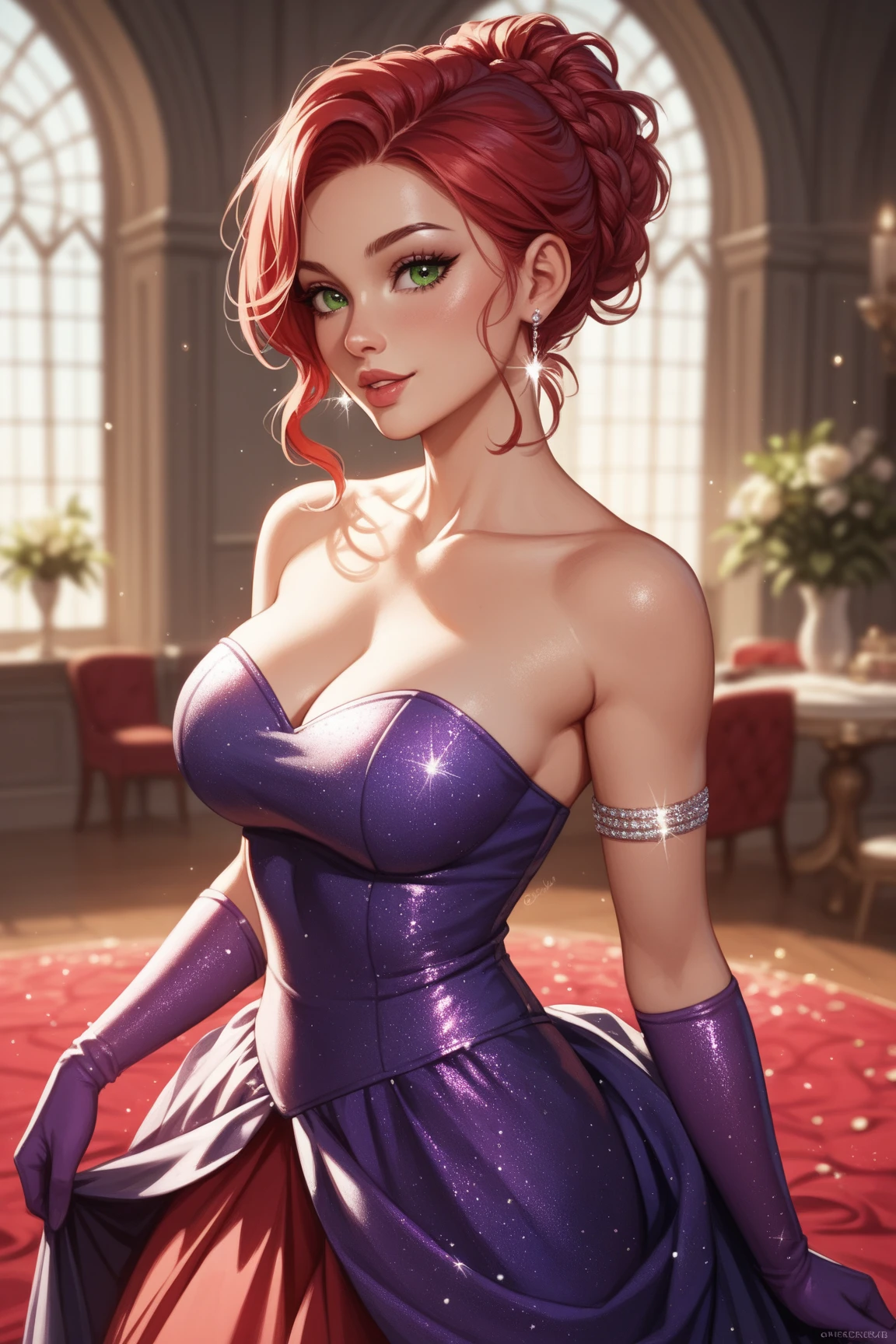 Beautiful woman is shown to have a slender figure. She is wearing a beautiful dress, jewelry , hair over one eye, has purple cat eyes, Girl rockclimbing, sexy session, putting her hands on her waist, poseing, cowboy shot, superior quality, many details, realistic