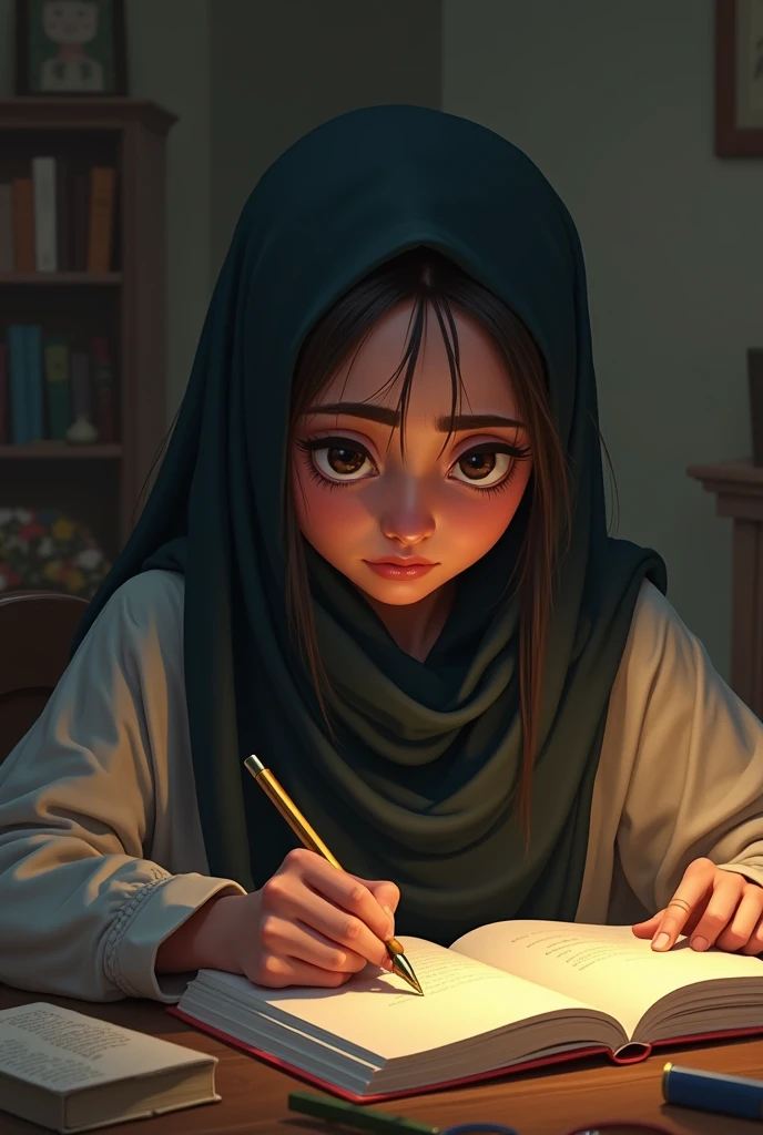 A girls his name is 'samawiyah zafar'. Study at night with lamp, and write her name in text "samawiyah zafar" write in text form his name in front.