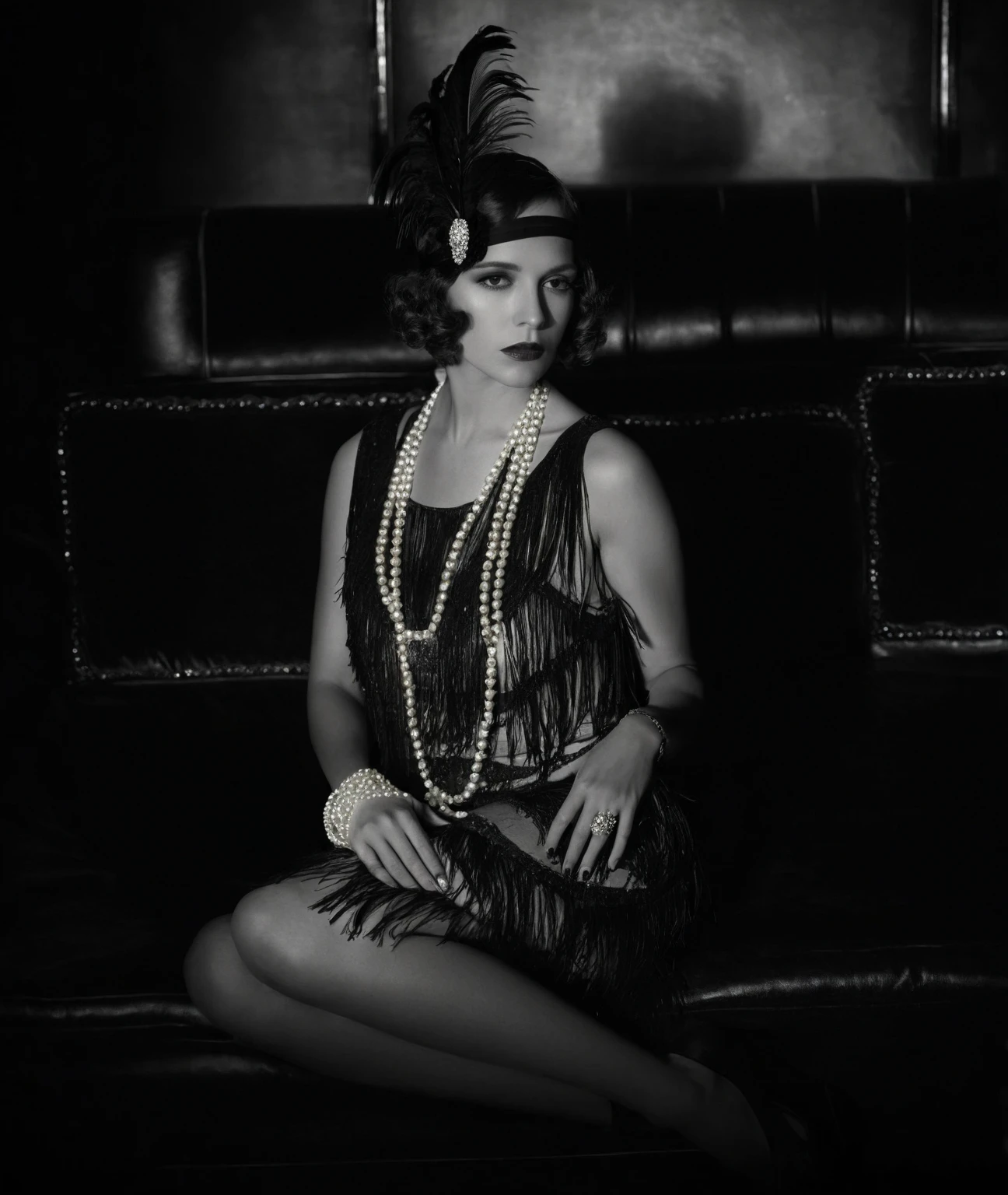 (best quality,4k,8k,highres,masterpiece:1.2),ultra-detailed,(realistic,photorealistic,photo-realistic:1.37),(full body:1.5),vintage portrait,1920s black-and-white photography,classic Hollywood,old Hollywood glamour,flawless beauty,dramatic lighting,serene expression,charming smile,mischievous eyes,timeless elegance,vintage fashion,ornate accessories,fringed flapper dress,sparkling headband,pearl necklace,red lipstick,smoky eyes,voluminous curls,luxurious fur stole,delicate lace gloves,golden age of cinema,retro charm,hidden stories,unforgettable star,popular icon,extraordinary talent,admired by millions,fascinating aura,exclusive glimpse,hidden vulnerability,unique composition,sharp focus