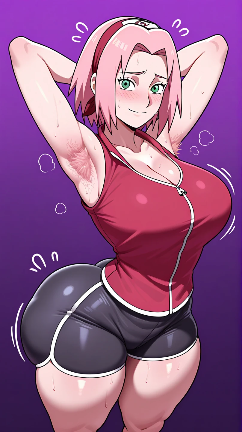 score_9, score_8_up, score_7_up, sakura haruno, forehead mark, pink hair, small waist, huge breasts, sport bra, gym clothes, cleavage, , underboob cut, squeezing breast with arms, arms down, ahegao, rolling eyes, tongue out, open mouth, extremely detailed draw, black sport bra, indoor, 1boy, pov, grabbing breasts, dick between breasts, blushing, paizuri, cumshot, smile ahegao
