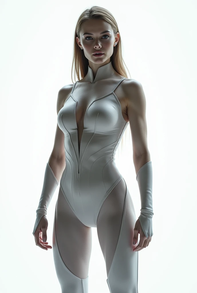 ((best quality)), ((4k)), ((highres)), ((masterpiece:1.2)). ((detailed)), ((ultra realistic)), ((intricate details)), ((full body picture)), ((character design sheet)), ((blank background)), ((standing in a blank background)), a full body shot of a beautiful european female, polish woman, polish beauty, ((emphasis on her fair skin complexion)), ((hazel hair)), pixie haircut, perfect face, gorgeous face, ((vivid hazel eyes)) detailed eyes, detailed lips, ((red lips)), about 5'10 tall, about 25 years old, medium-sized breasts, c cup breasts, athletic body, muscular arms, muscular and feminine, she's dressed in a sleeveless purple jumpsuit with high neck, ((high neck)), ((no cleavage)), white gold boots and white gold gloves, ((white gold boots)), ((white gold gloves))