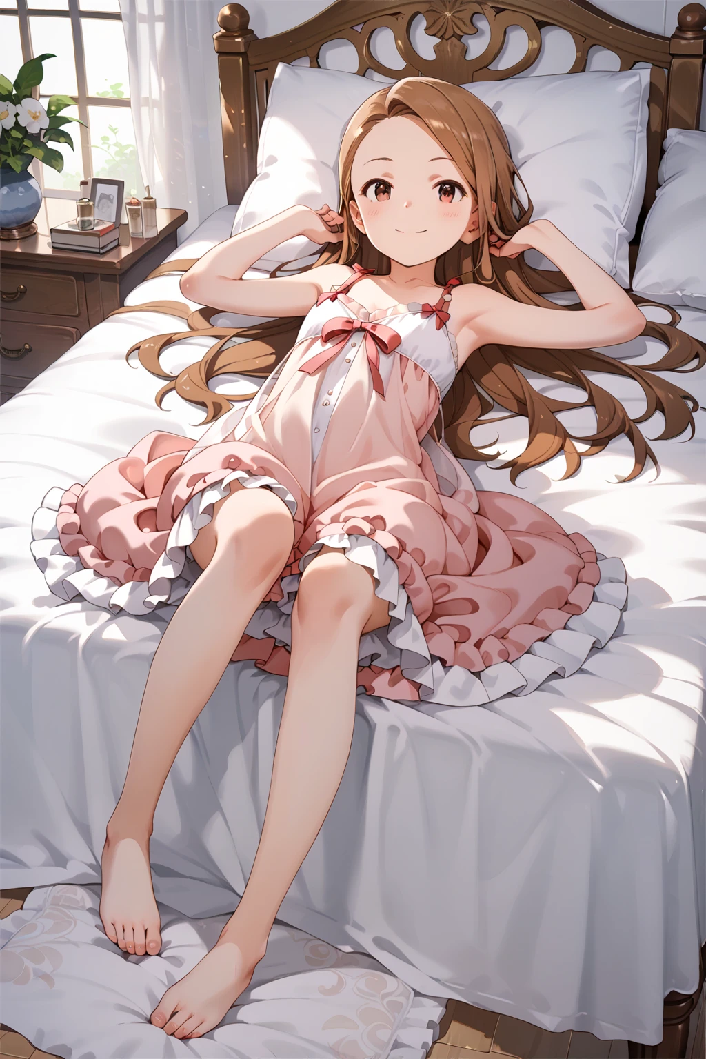 Girl with semi-long wavy brown hair, lying on her back hugging a pillow, in tender white pajamas and patterned strawberries, tender girl's scenery, emerald eyes,