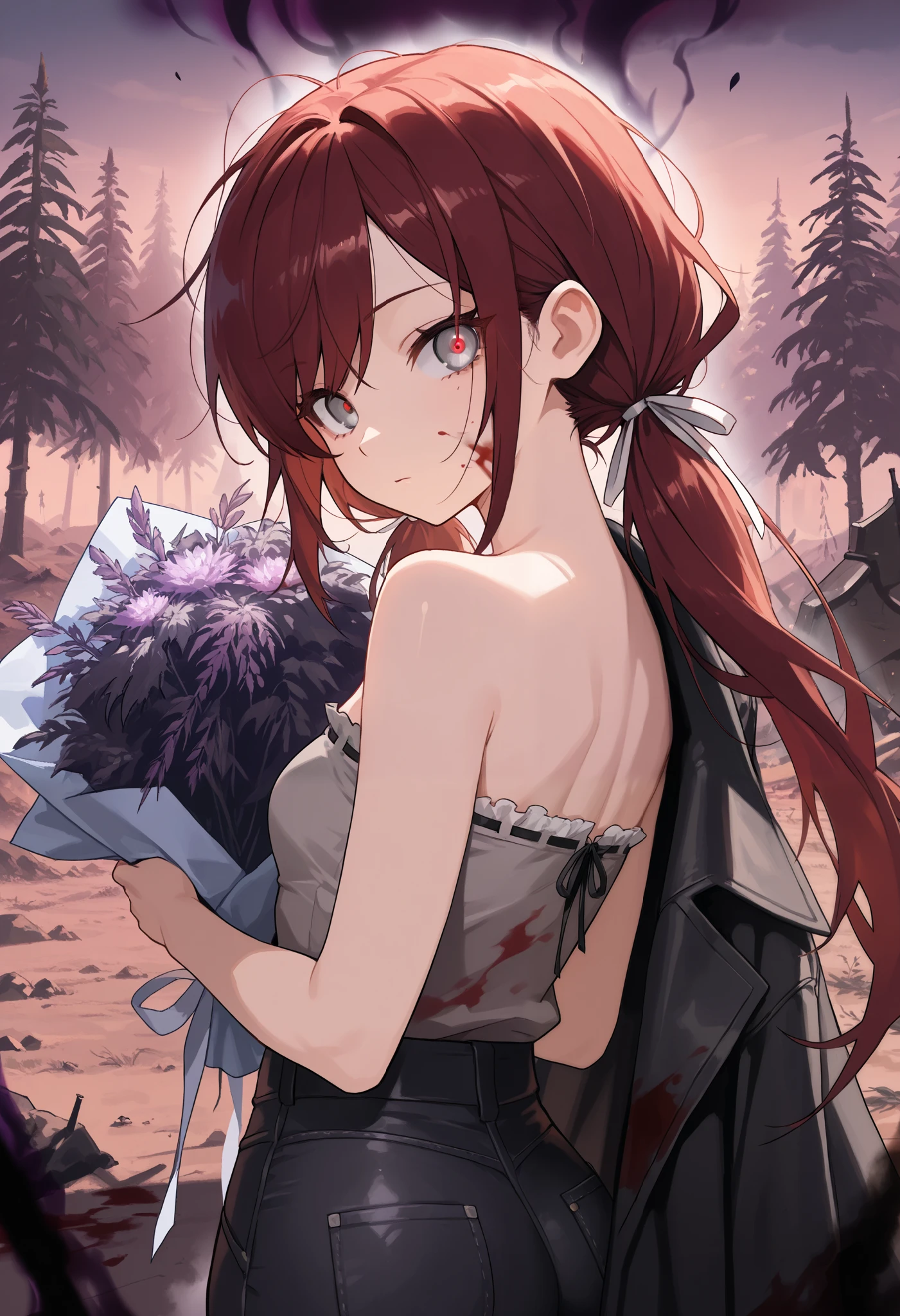 (masterpiece:1.2, Best Quality), (finely detailed beautiful eye: 1.2), (beautiful detailed face), (masterpiece:1.2, Best Quality), (finely detailed beautiful eye: 1.2), (beautiful detailed face), solo, close up,looking back, dark aura, dark energy, bristly hair, glowing eyes, dark aura, shadowy aura, upper body, thin girl, holding bouquet of purple flowers, expressionless, :l, Gray eyes, lifeless eyes, blood on face, blood on clothes, head tilt, dark red hair, swept bangs, low twin tails, white ribbons, strapless sleeveless shirt, gray shirt, shirt with white trim, frill trim, black coat worn over shoulders, black jeans, black nails, thin thighs, thin legs, dusk, willow tree leaves, close up, messy hair, stoic, shadowy aura, battlefield, s, comic strip,