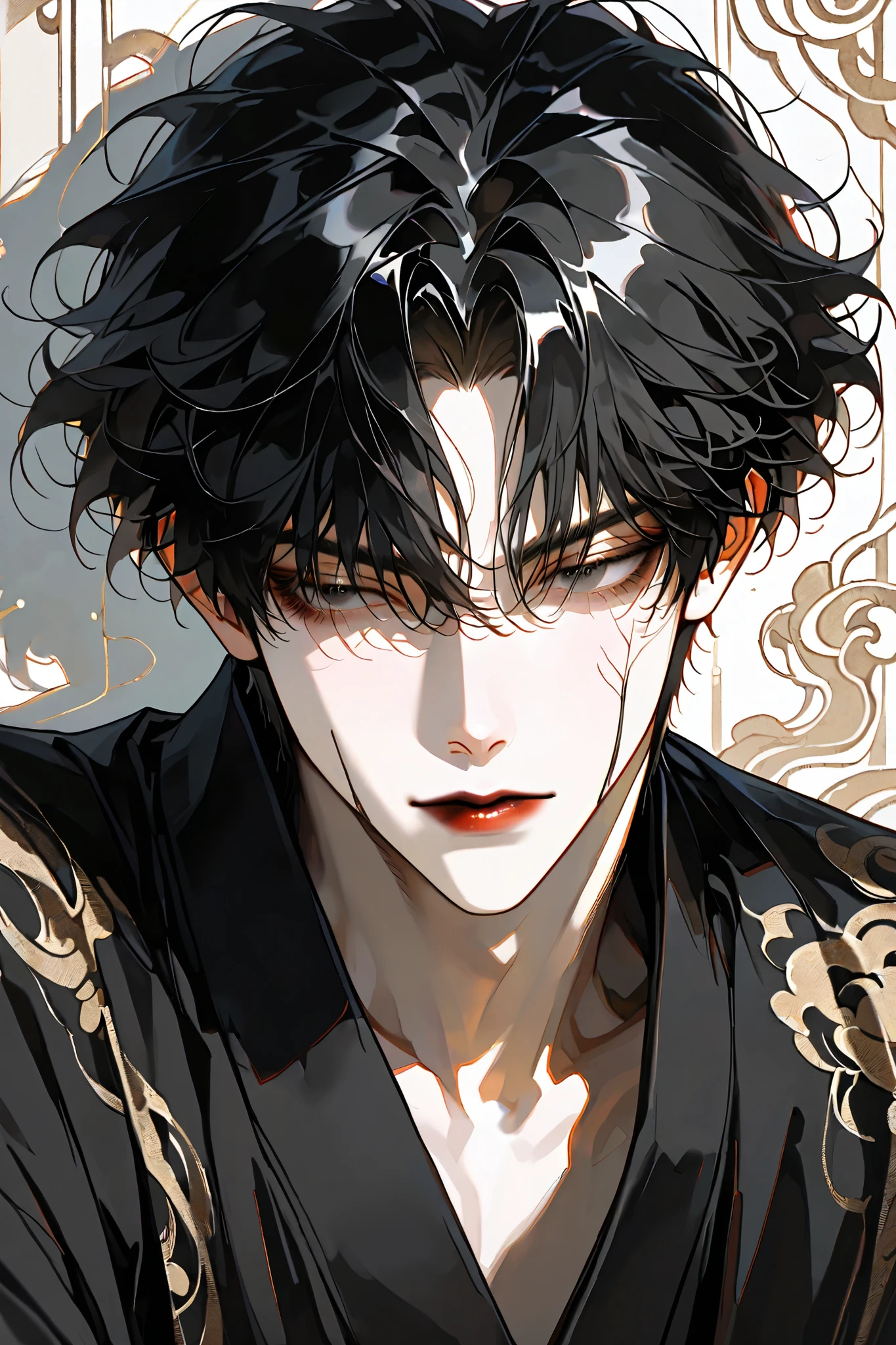 short hair, masterpiece, Premium Quality, Black hair with dark hair , Fine lines drawing, 1 Boy ,alone,cheeks with lipstick,Fluffy hair,Bangs