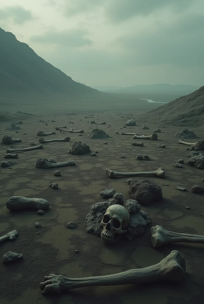 there are many bones and bones in the dirt, desert valley of bones, bones that were very dry, piles of bones, bones lying on the ground, bone wastes, skeletons on the ground, skeletal omens, human skulls on ground, bones on the ground, skeletons rising from the dead, skeletons, all skeletons, they sit next to a pile of bones