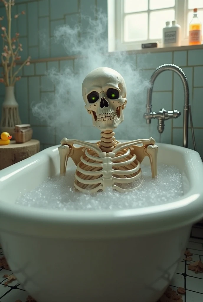 Create an image of a bathtub filled with silver liquid with a silver skull inside. Realistic image. 8k.