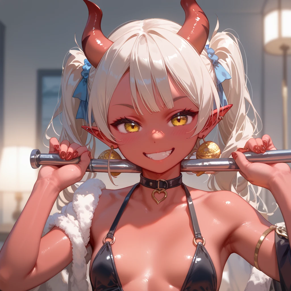 a girl，one piece,yamato，Yamato，tank top，White hair，Red horns, big tits