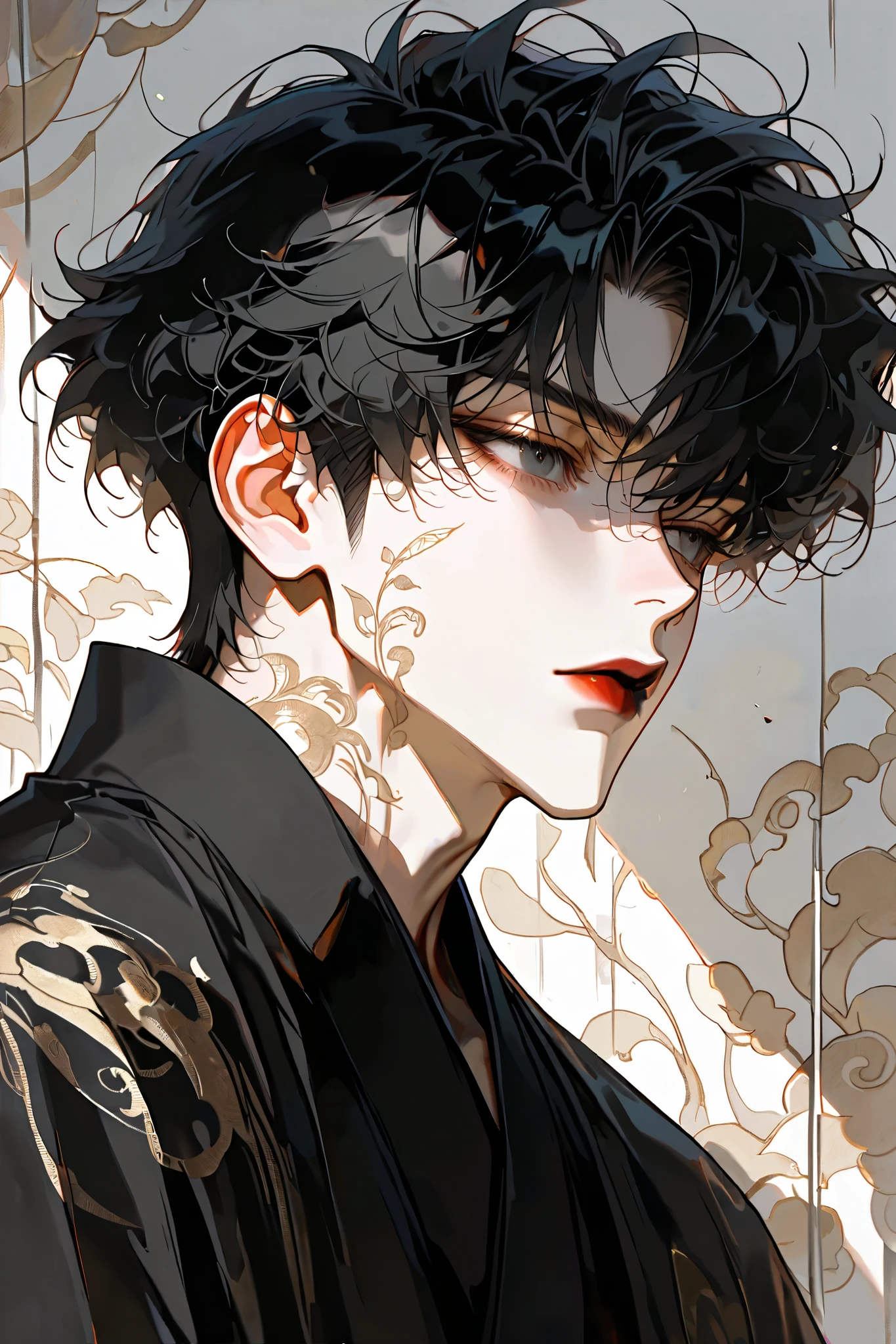 short hair, masterpiece, Premium Quality, Black hair with dark hair , Fine lines drawing, 1 Boy ,alone,cheeks with lipstick,Fluffy hair,Bangs