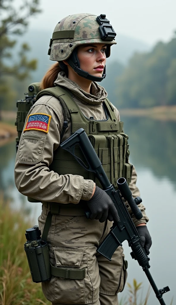 Create a realistic image of a young woman in modern Ukrainian military uniform. She should be dressed in a camouflage outfit with appropriate insignia and patches. The background should be neutral or slightly blurred to keep the focus on the woman. The details of the uniform should be meticulously drawn, including elements like a helmet, body armor, and tactical accessories. The woman's face should express confidence and strength, yet remain feminine. The overall style of the image should be realistic and high-quality