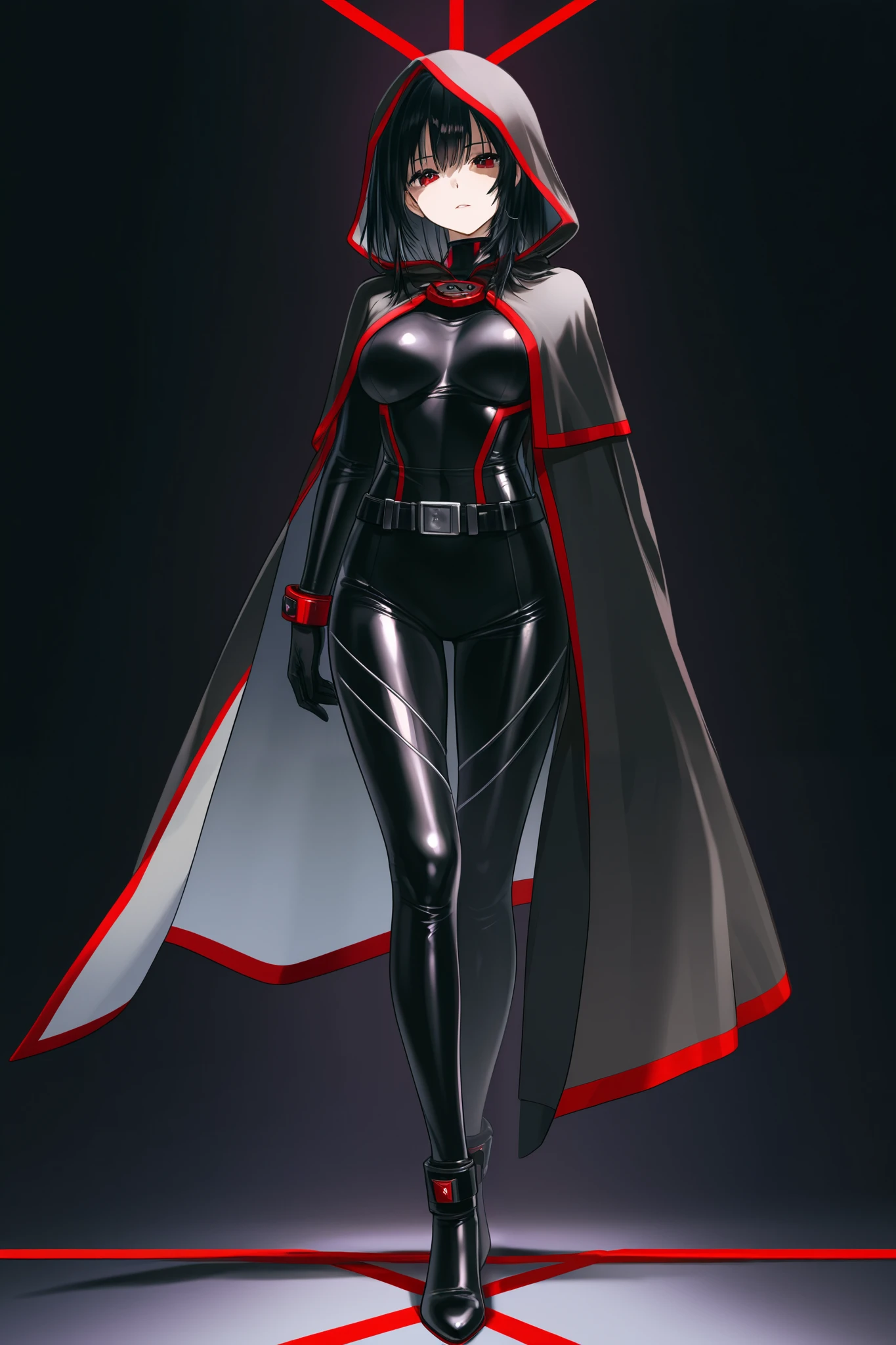 girl、 black hair、short、black、bodysuit、Hi-Reg、cyber、 standing、front、 no highlights、looking at viewer、 beautiful feet、no expression、 dark、Villain、cloak、belt、 red line、 Tall、adults、aldult、