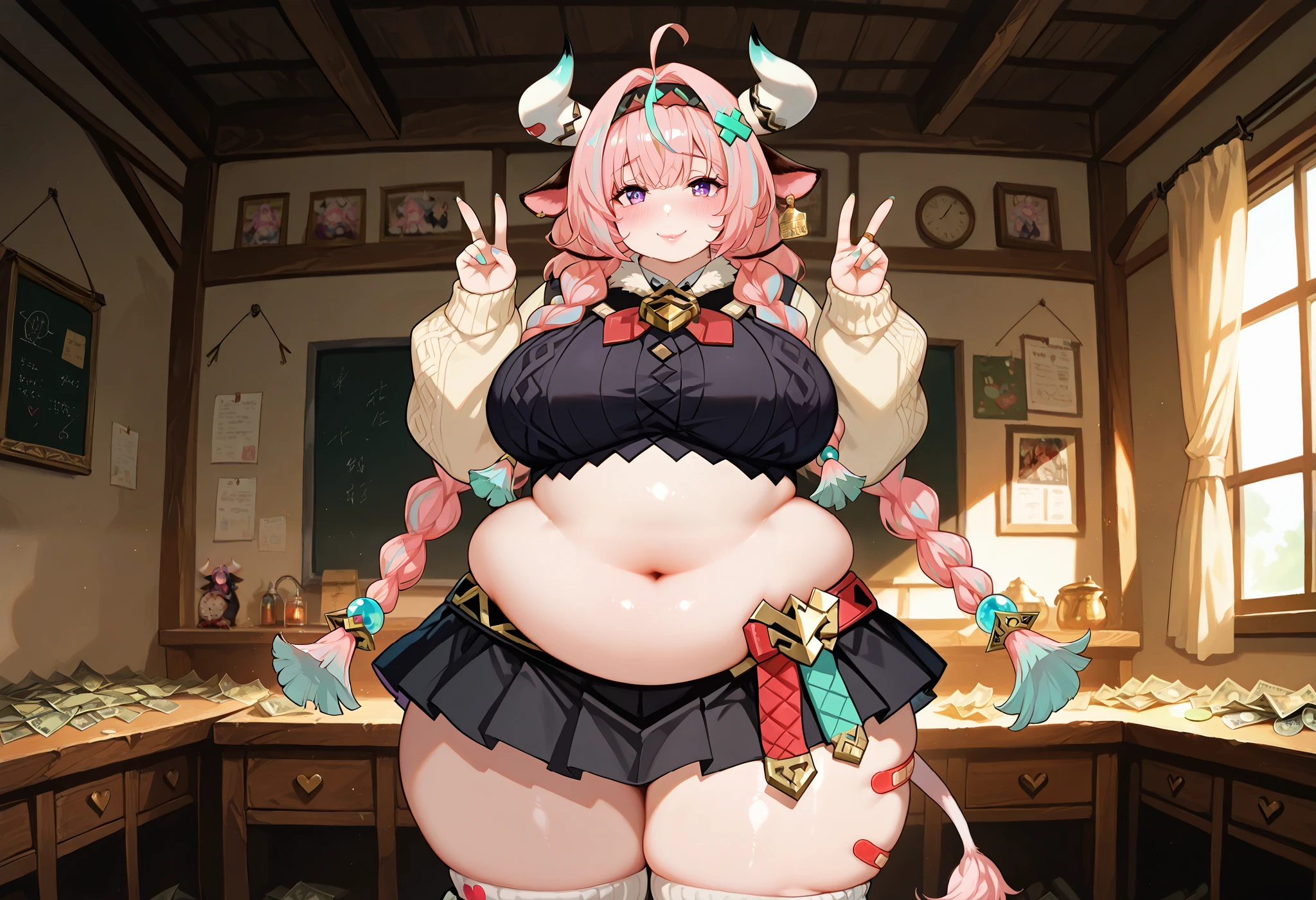 score_9, score_8_up, score_7_up, source anime, looking at viewer, blush, shy, 1girl, solo,, looking at viewer,cowboy shot, masterpiece, best quality, indoors, cinematic lighting, amazing quality, very aesthetic, absurdres, best quality, 4k, upscale, Varesa, 1girl, solo, horns, pink hair, skirt, ahoge, animal ears, navel, purple eyes, bandaid, long hair, braid, black skirt, multicolored hair, cowboy shot, smile, double v, twin braids, money, looking at viewer, leg warmers, socks, bandaid on leg, midriff, bangs, hairband, cow horns, thighhighs, hair ornament, cow ears, heart, chubby, chubby girl, curvy, large breasts, lips, plump, thick thighs, thighs, (((oversized gigantic stomach)), curvy, large breasts, lips, plump, thick thighs, thigh, immobile