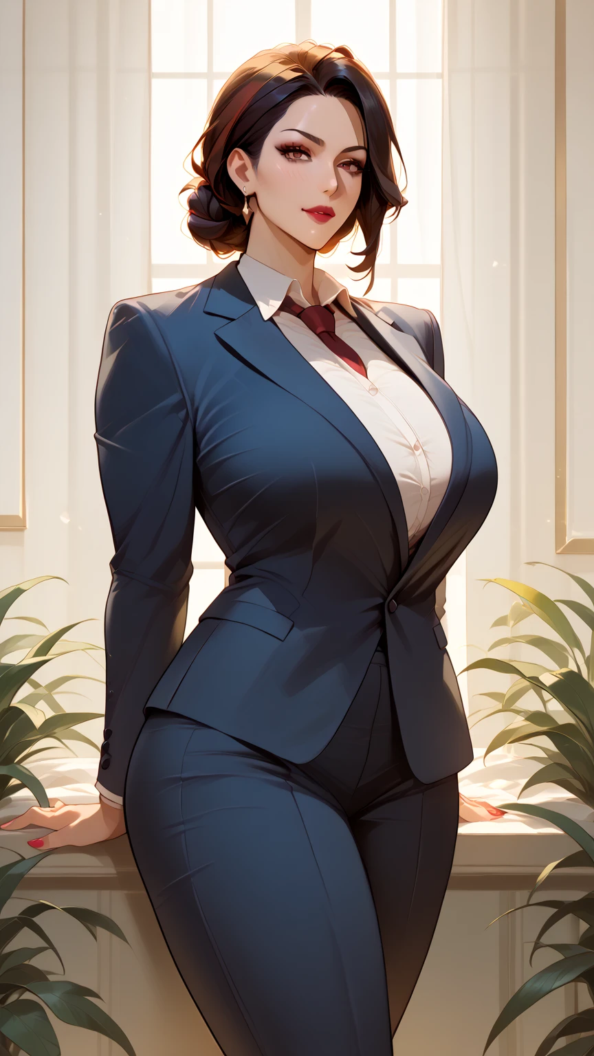 ((best quality)), ((On the table)), (detailed), (emphasize), Perfect face　Young girl&#39;s face detail showing cleavage、Red eyes and long, Thick, smooth, pretty black hair，Bangs、Monochrome background、Wear it standing with a blazer and miniskirt、