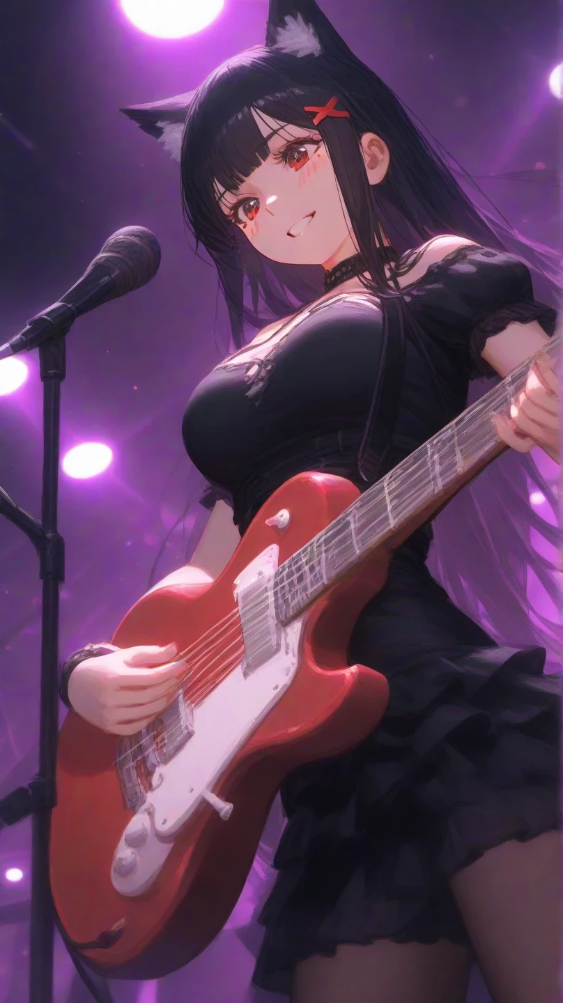 void fires, gothic stage, music stage, outside, dark night, just the stage, purple black hair, purple eyes, large breast, singing