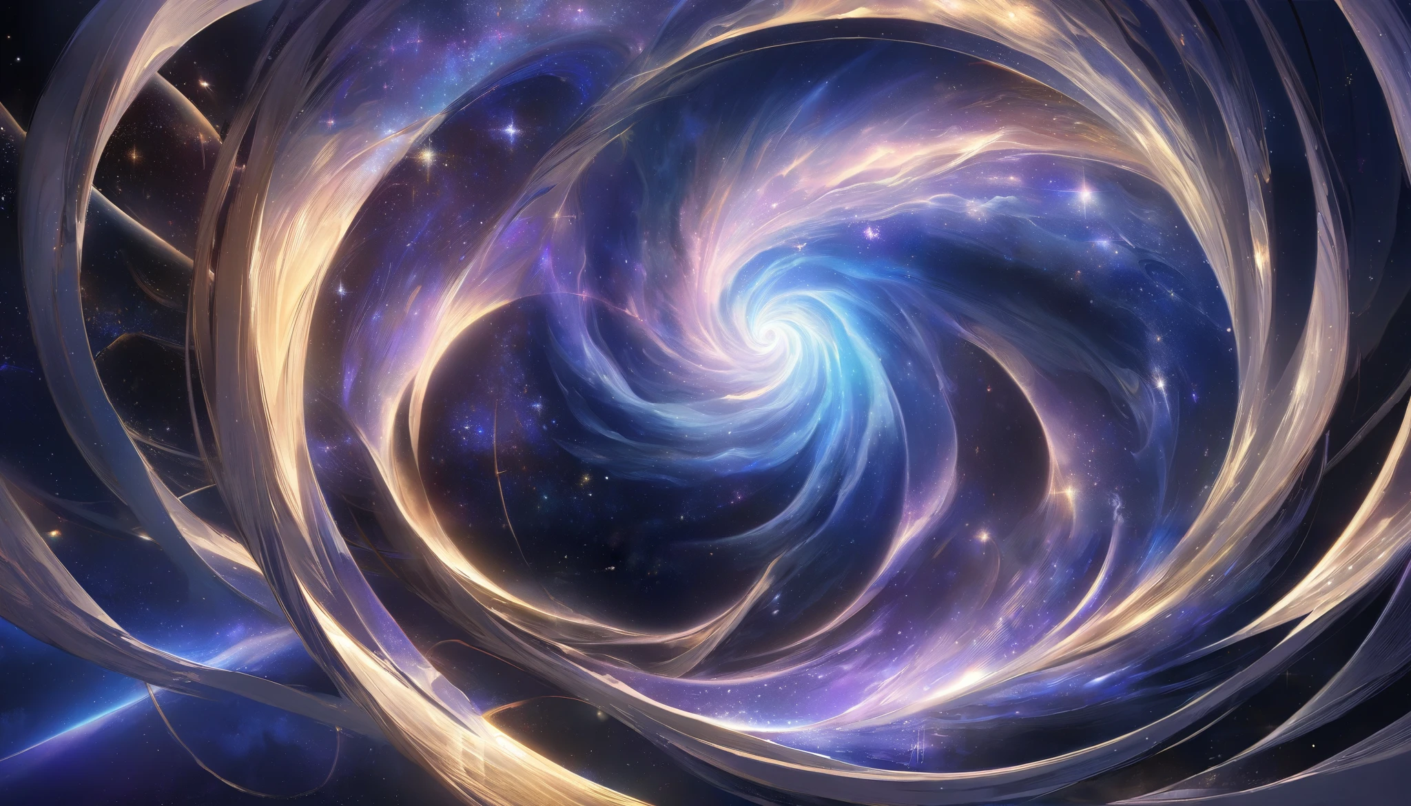 A hyper-detailed, high-resolution cosmic scene featuring a glowing spiral galaxy with radiant purple, blue, and golden hues. The galaxy's core emits an intense, mesmerizing light, with swirling arms extending outward, filled with luminous stardust and intricate patterns. Surrounding the galaxy, vibrant nebulae in shades of indigo, azure, and violet create a dramatic contrast against the dark, starry backdrop. Scattered across the scene are twinkling stars of varying sizes, some casting soft, golden light. In the foreground, ethereal, wispy clouds add depth, evoking a sense of cosmic wonder and mystique. The style is a mix of realism and fantastical art, designed to captivate with its intricate details and dynamic composition