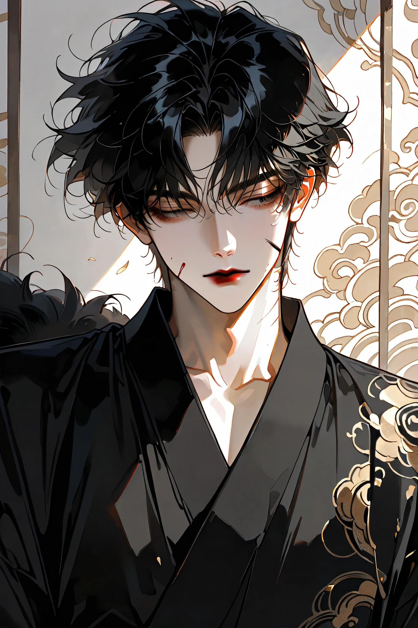 short hair, masterpiece, Premium Quality, Black hair with dark hair , Fine lines drawing, 1 Boy ,alone,cheeks with lipstick,Fluffy hair,Bangs