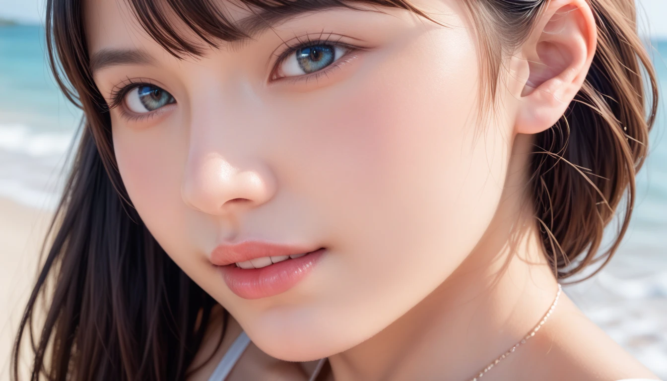 Image from chest up:1.6)、Close-up portrait of a girl wearing only a white off-shoulder top dress and earrings, Soft portrait shot 8k, Nice delicate face, High-quality 4K portraits, High-quality portraits, Soft, perfect, pale skin, 8K Highly Detailed Face, なbeautiful繊細な顔, beautiful光の大きな目, Beautiful and realistic face, beautiful18Year old girl, Beautiful and realistic face, cute18Year old girl
