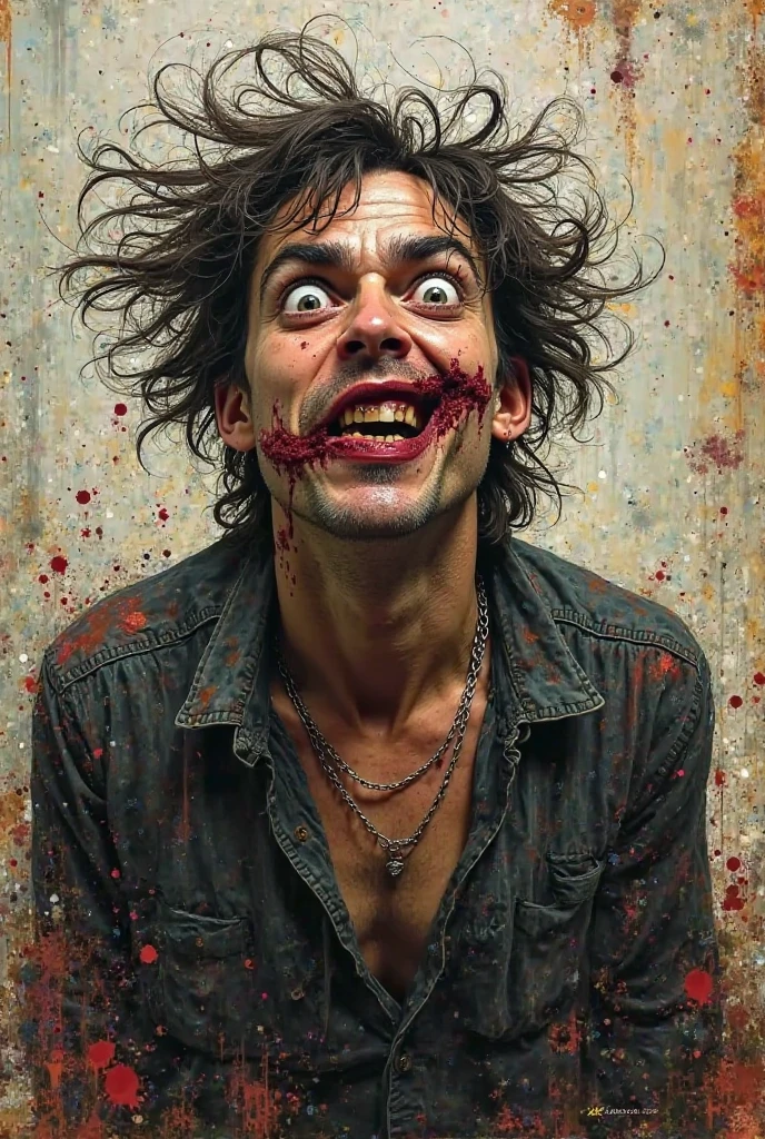 crazed and crazy expression joker style he bleeding and very injured Bruno and a 22 year old adult with curly frizzy hair , brown eyes almost black in tone , has light brown skin , wears blue-rimmed glasses and wears semi-formal clothing. He has symbols tattooed on his left arm that he leaves visible most of the time. ,
paranormal order rpg style
