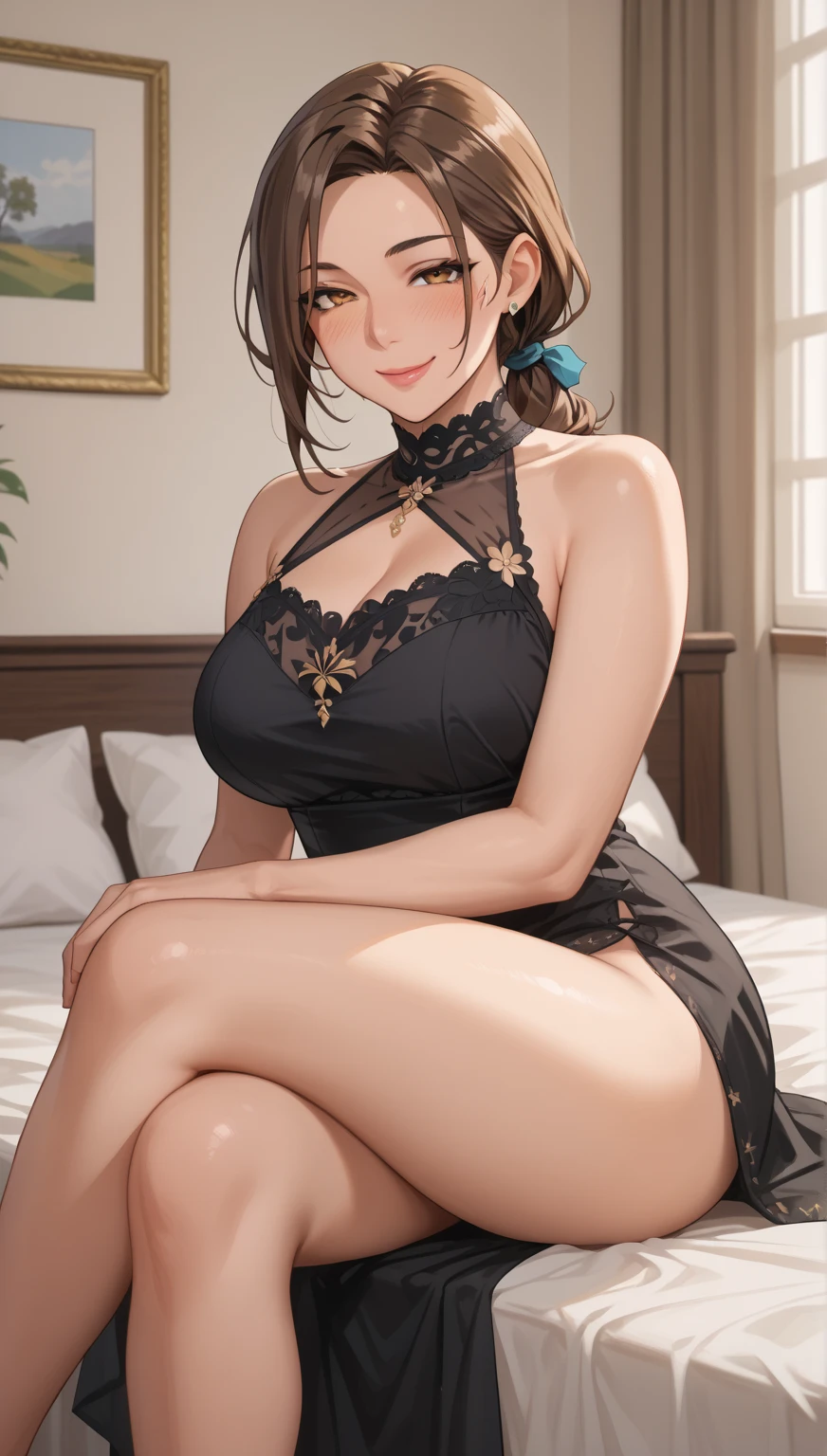 (one female: 1.5) wearing blue floral summer dress, brown long ponytail, (((beautiful aqua green eyes))), showing cleavage, sitting on bed alone, alone (SOLO: 1.5),(ALONE: 1.5), large chest, curvy, beautiful detailed eyes, perfect hands, perfect body close shot, best quality:1.5, sleeveless, bare shoulders, sexy legs, [Janet], [Alice],  "beautiful mature face" , age30 , milf , adult, (((Brown hair)))
