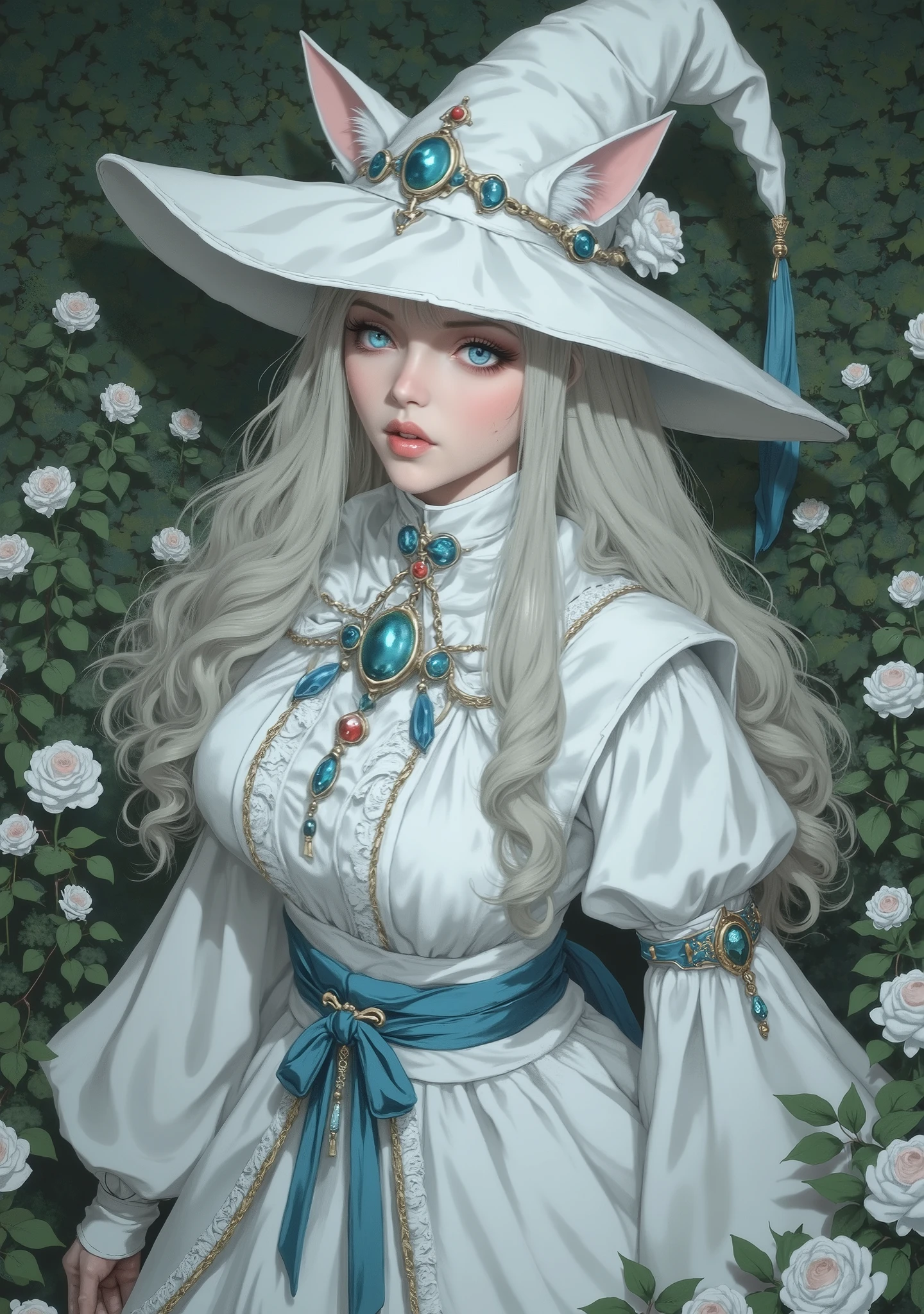woman, fair skin, pink lips, long white hair, white wolf ears, blue eyes, wearing a white witch's hat with blue ribbon, white clothes, Full body,dressed as a medieval princess, in a garden
