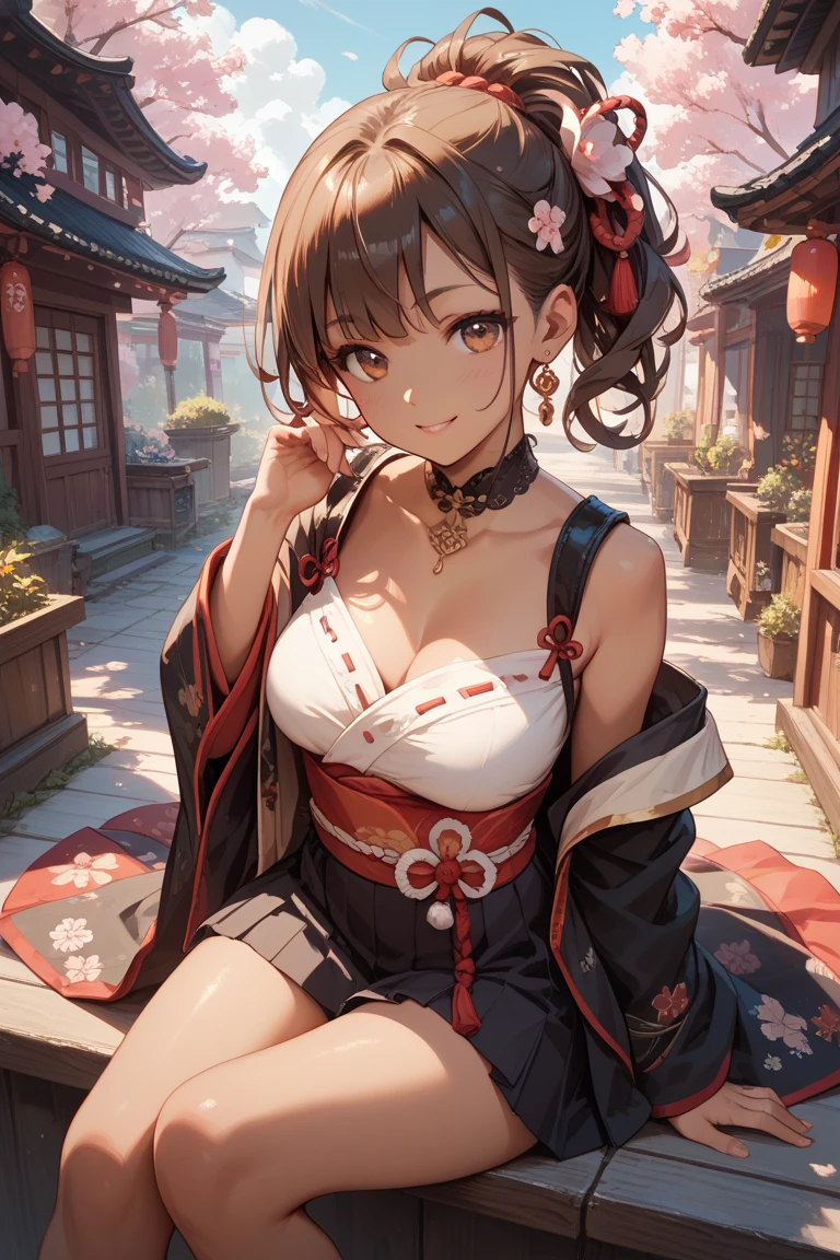 masterpiece,extremely detailed CG unity 8k wallpaper,1girl, beautiful, realistic, blurry, blurry_background, blurry_foreground, branch, brown_hair, plum blossom, depth_of_field, flower, jewelry, nose, realistic, solo,chinese clothes,fingers hidden, arms hidden, only wearing a bra