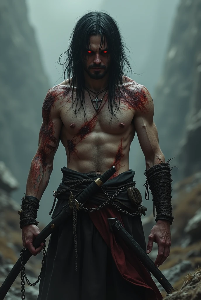 The demon、A traditional Japanese monster、Red skin、Big hornuscular々It is a being with a physique of。He was in the dark forest deep in the mountains、Standing among the ruins of an ancient temple。There is a thick fog all around、Behind them looms the full moon.。The demon刀を持ち、His gaze is powerful, but、There's something sad about it。His costume is reminiscent of an ancient warrior.々In new armor、Deep blue and green fabric is sewn into the。This image is、It represents the legendary power and spiritual depth of the demon.